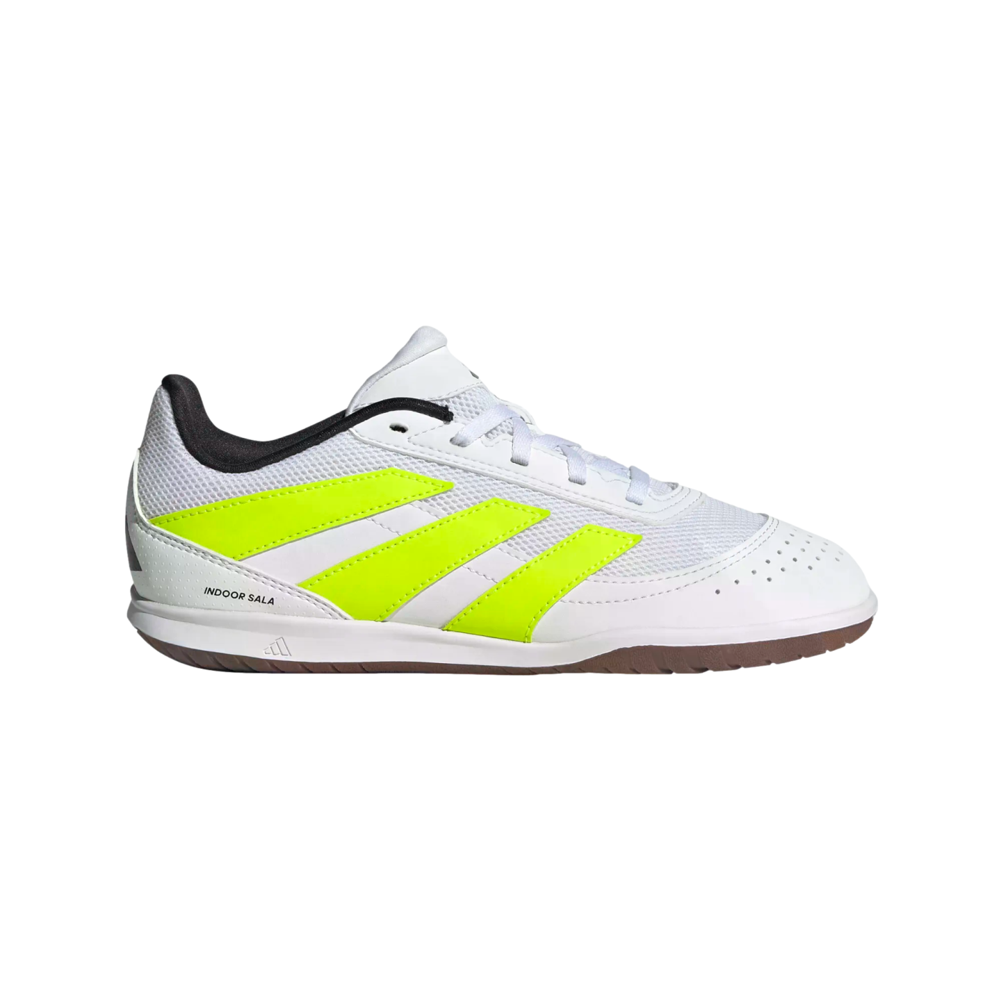 A white Adidas indoor soccer shoe featuring three slanted neon yellow stripes, white laces, and a brown gum rubber sole. The words "INDOOR SALA" appear on the heel.