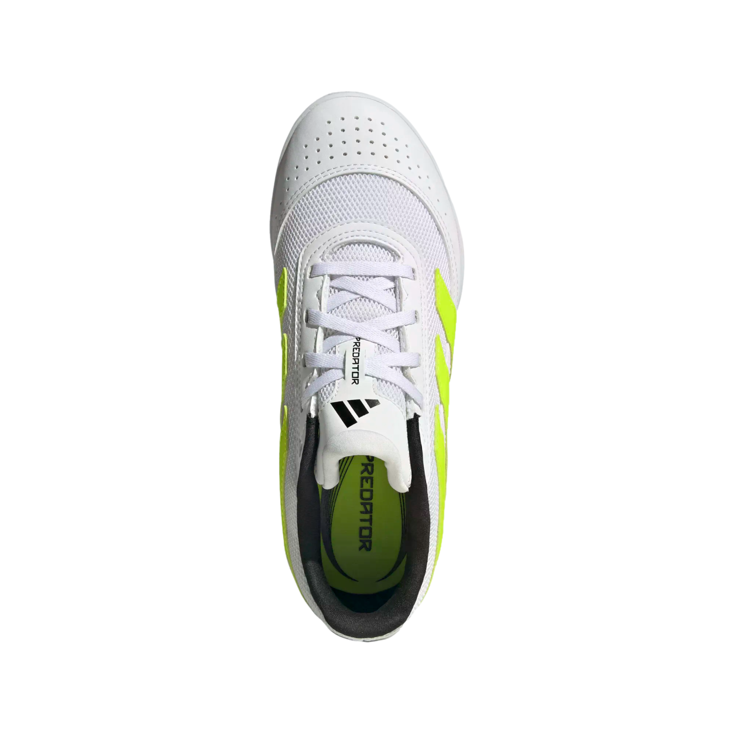 Top-down view of a white Adidas Predator soccer shoe with lime green accents and a black interior, set against a black background.