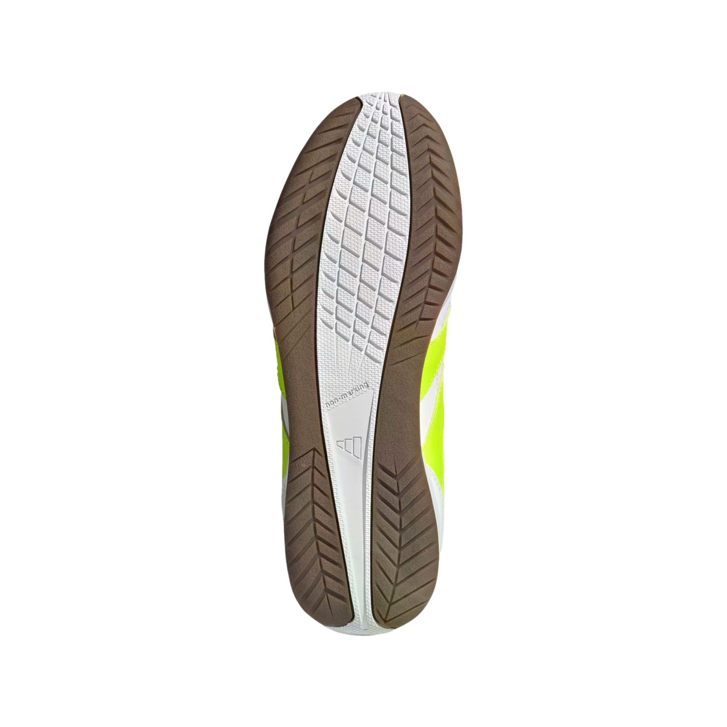 View of an Adidas sneaker's non-marking sole with white and brown gum rubber tread patterns and bright lime yellow side panels against a black background.
