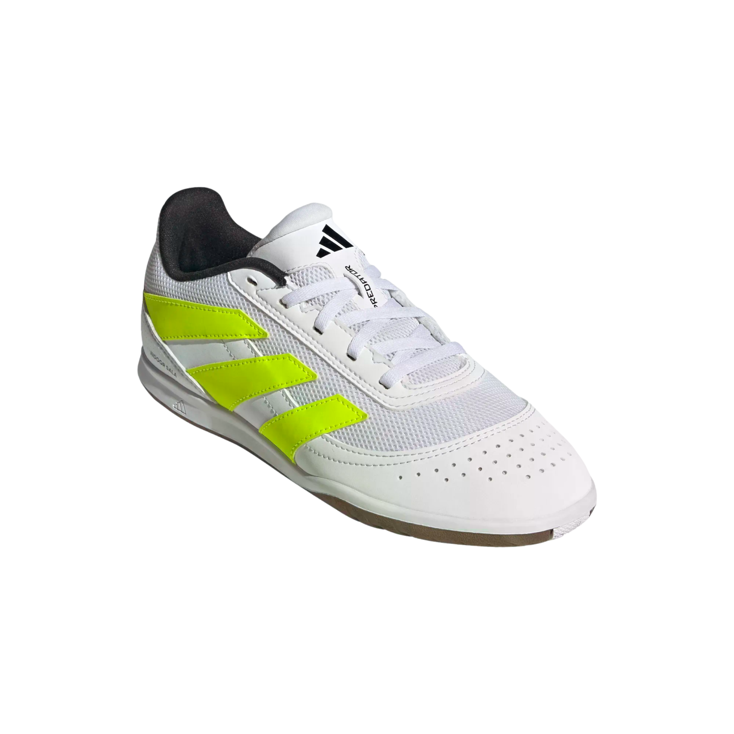 A white Adidas Predator indoor soccer shoe with neon yellow stripes and a gum sole, shown from a three-quarter angle against a black background.