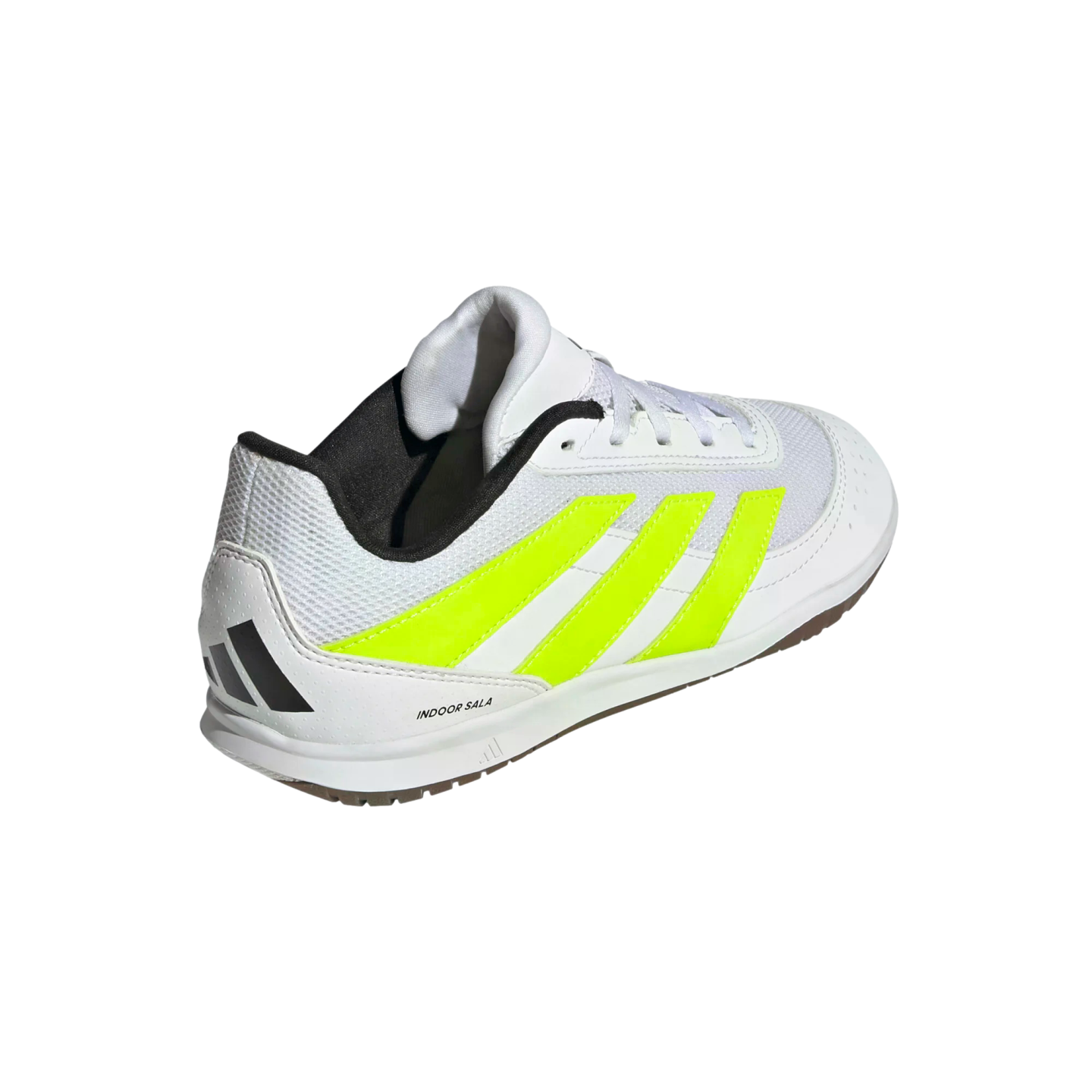White Adidas indoor soccer shoe with neon yellow stripes and black accents, featuring "INDOOR SALA" branding.