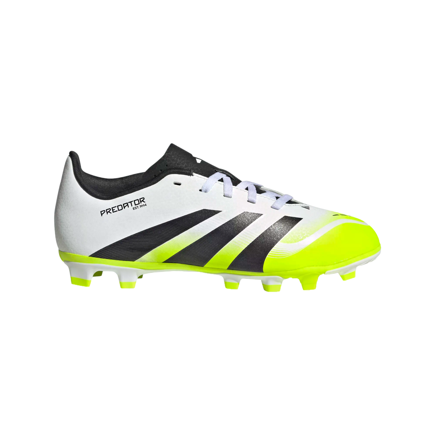 Profile view of a white Adidas Predator soccer cleat with black diagonal stripes and neon yellow accents on the toe and sole.
