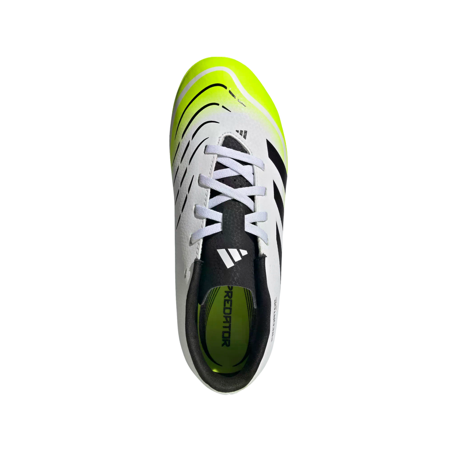 Top-down view of a white, neon yellow, and black Adidas Predator soccer cleat with white laces.
