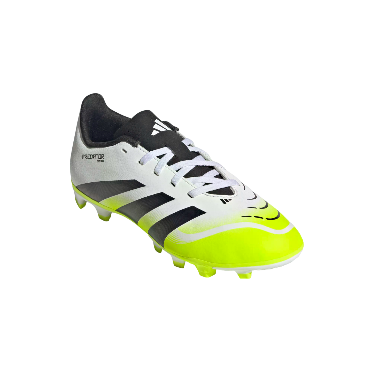 An Adidas Predator soccer cleat in white and bright yellow with black stripes, shown against a black background.