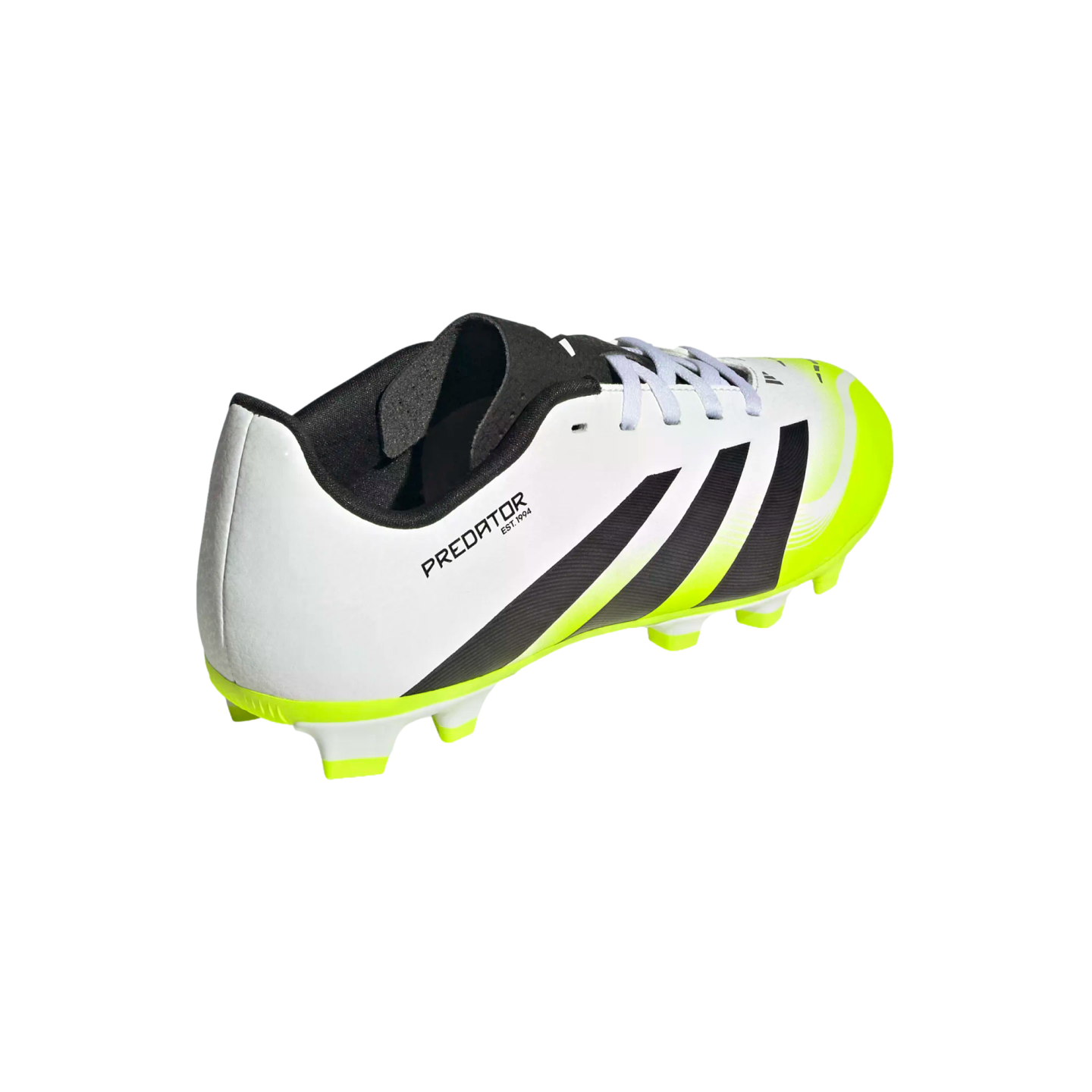 White Adidas Predator soccer cleat with black stripes and neon yellow accents, shown from a rear three-quarter view on a solid black background.