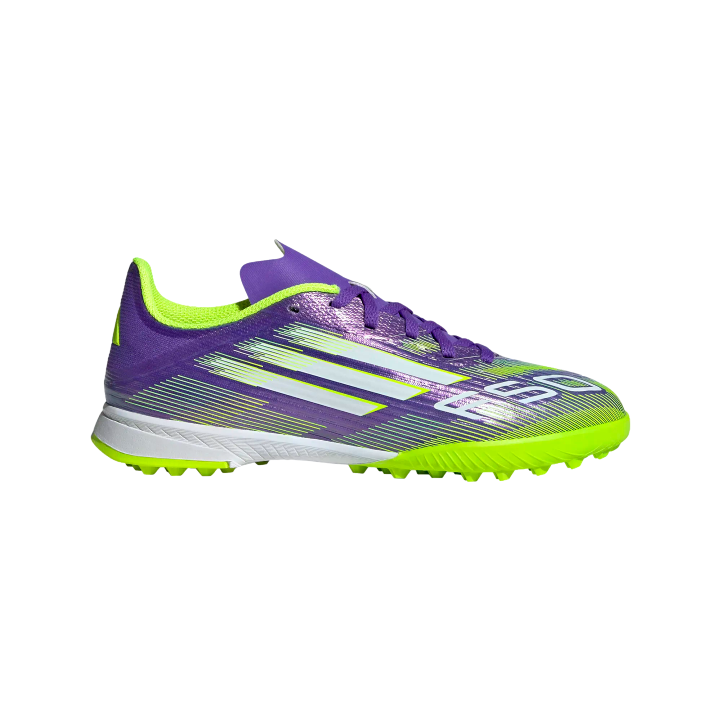 A side-view image of a purple and lime green Adidas turf soccer shoe with three white stripes on a black background.