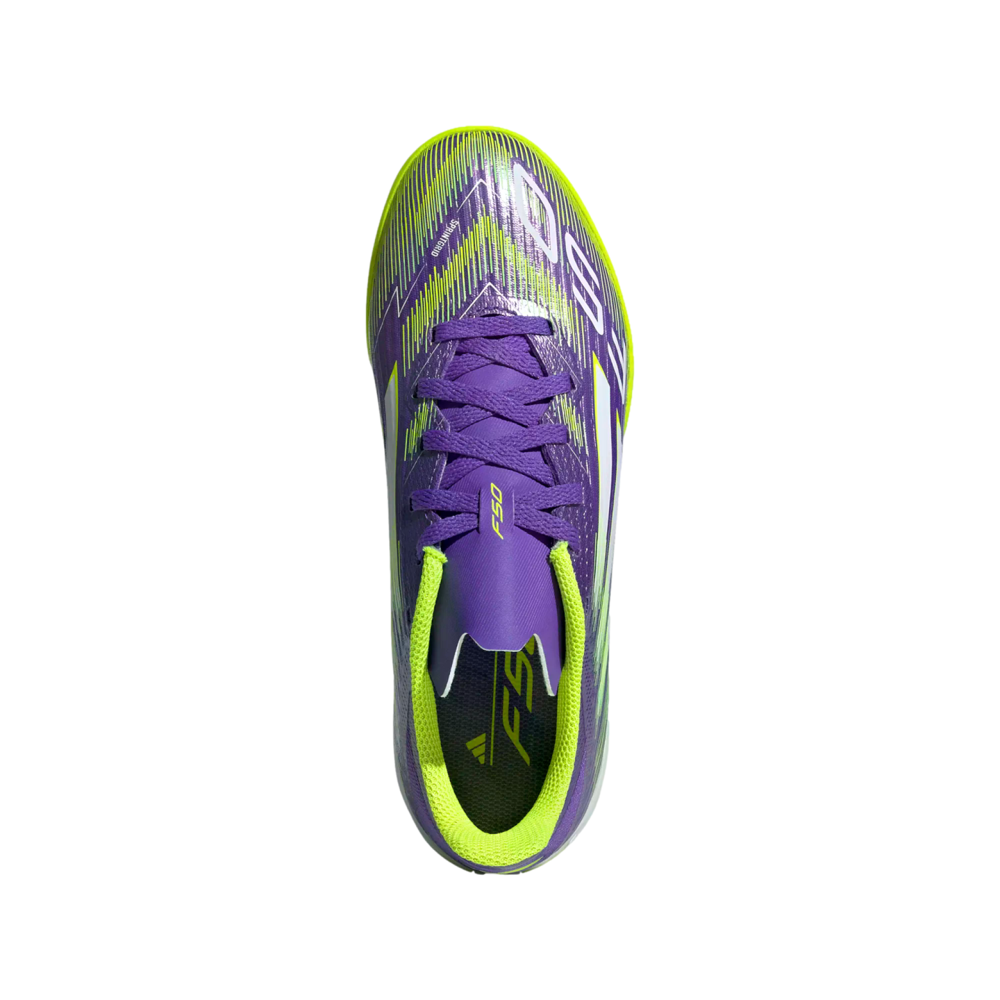 A top-down view of a purple Adidas F50 soccer cleat with lime green accents and purple laces on a black background.