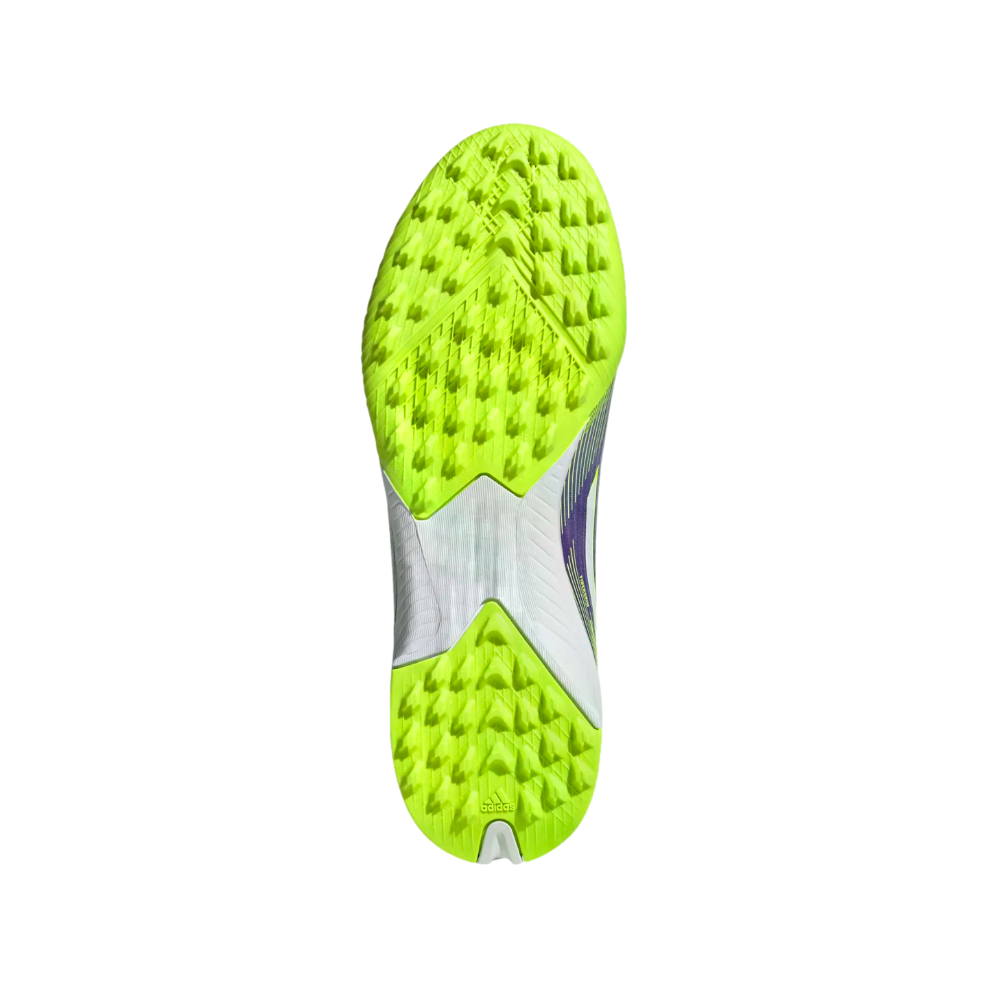 Bottom view of a lime green and white Adidas soccer shoe with small rubber studs for turf surfaces. The outsole features a textured grip pattern on a black background.