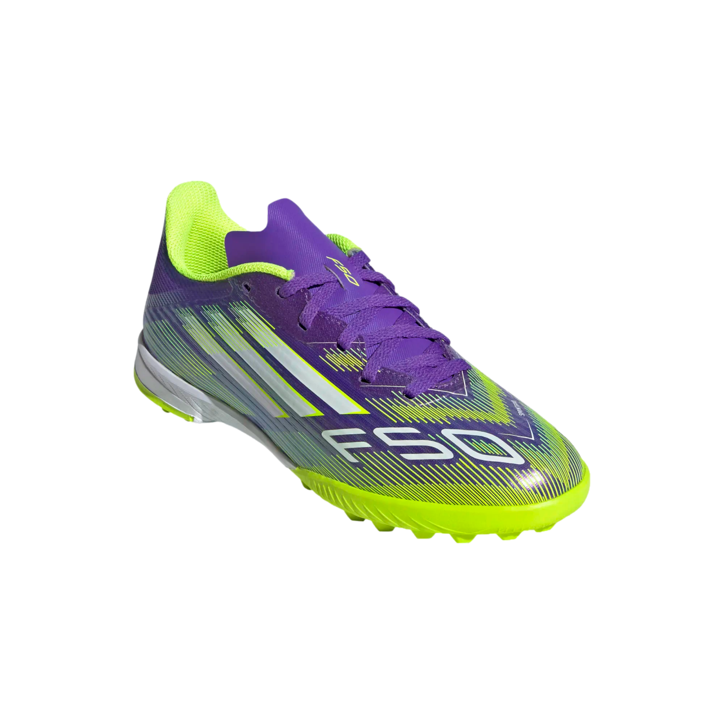 A purple and neon yellow Adidas F50 turf soccer shoe with white stripes and purple laces on a black background.
