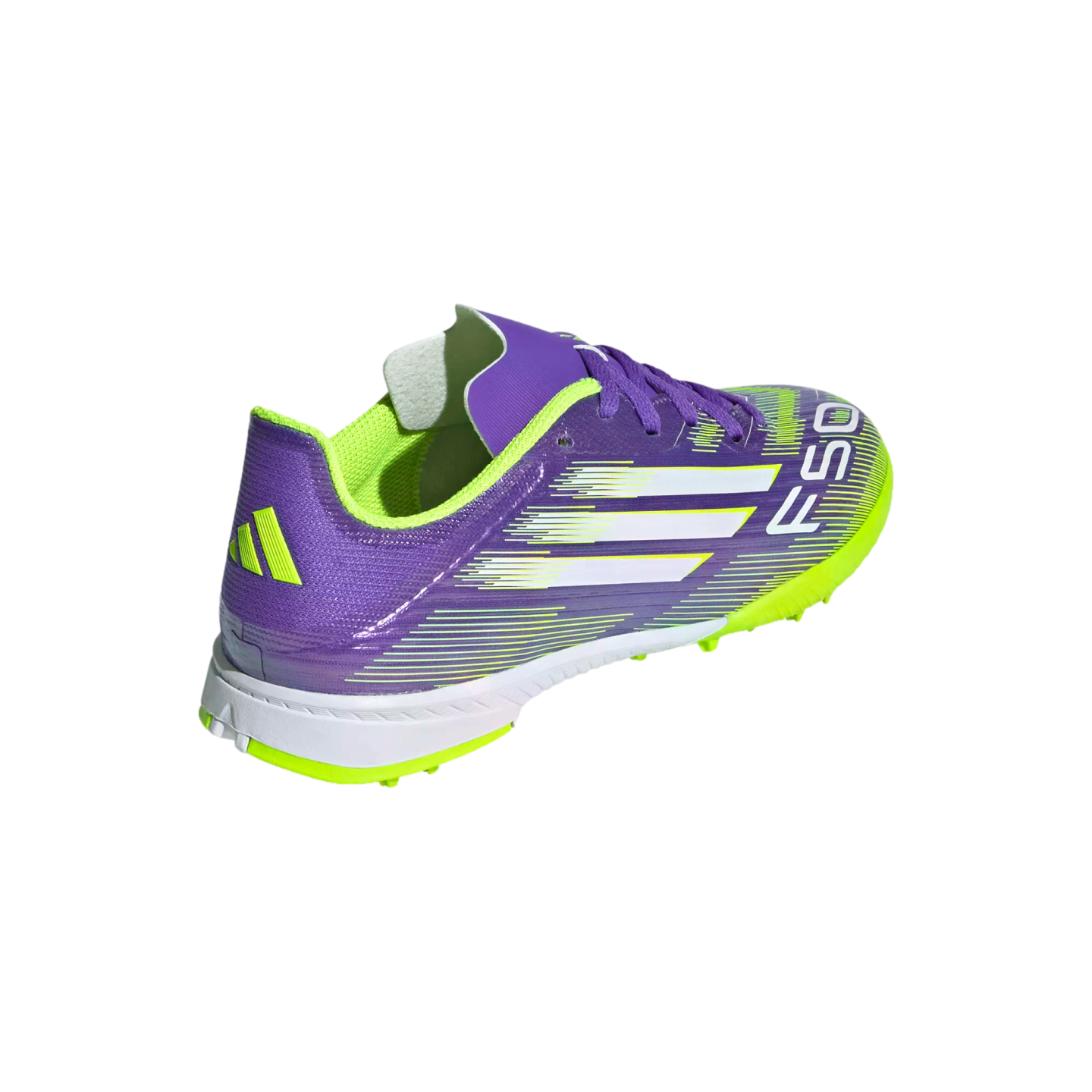 A purple and neon green Adidas F50 soccer shoe with white stripes and a lime green outsole, shown from a rear-quarter view.