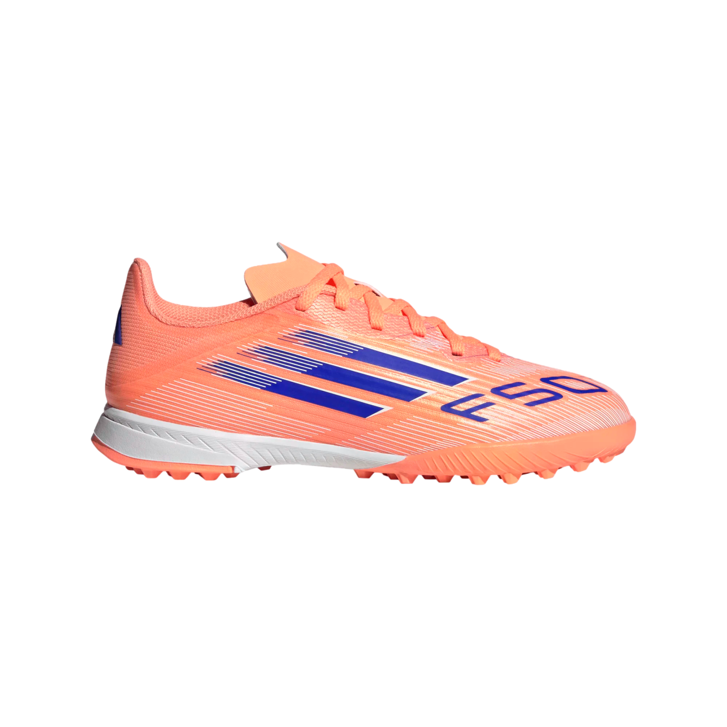 Side profile of a bright orange Adidas F50 turf soccer shoe with blue stripes, blue "F50" text, and a white midsole.