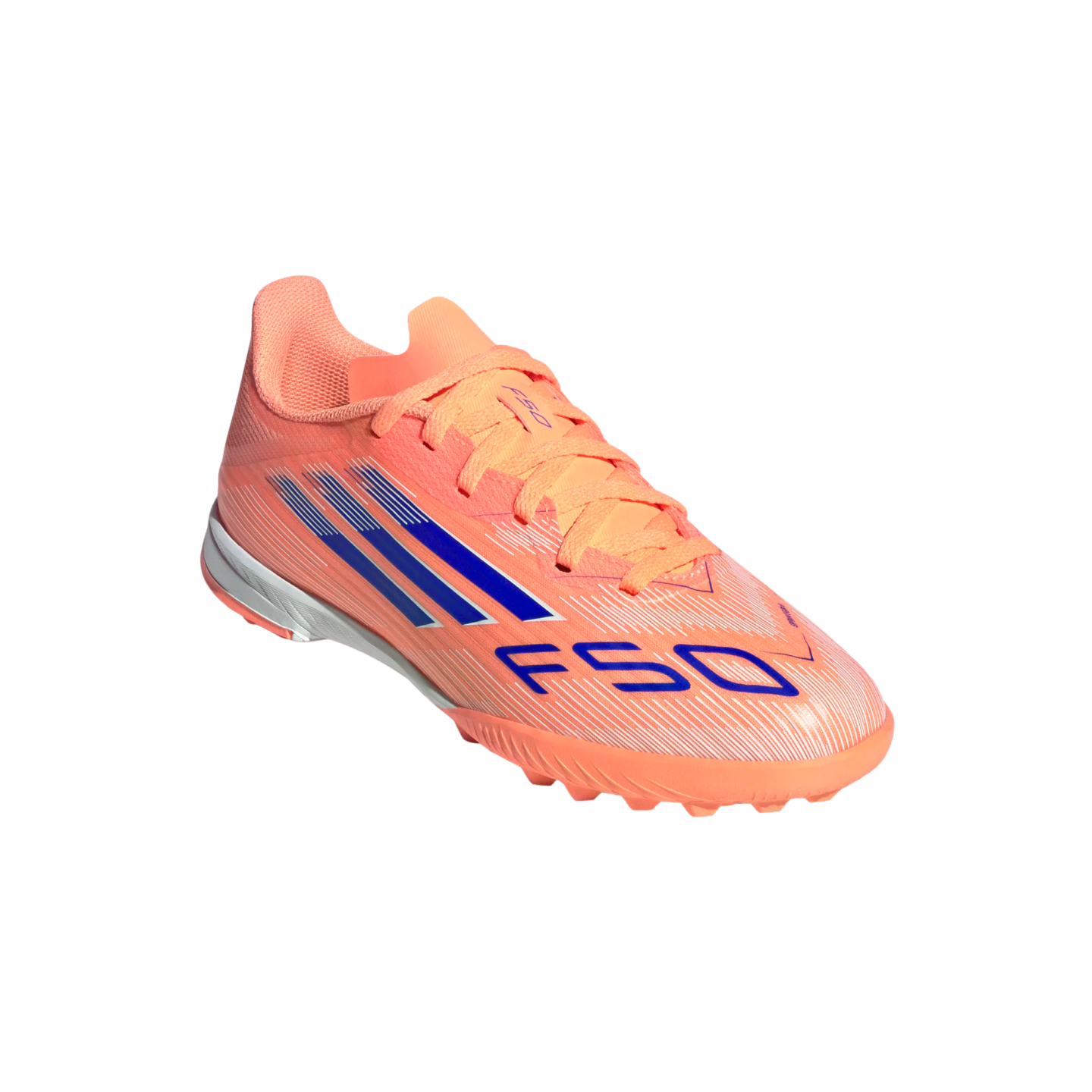 A coral-colored Adidas F50 turf soccer shoe with blue stripes and "F50" branding, angled against a black background.