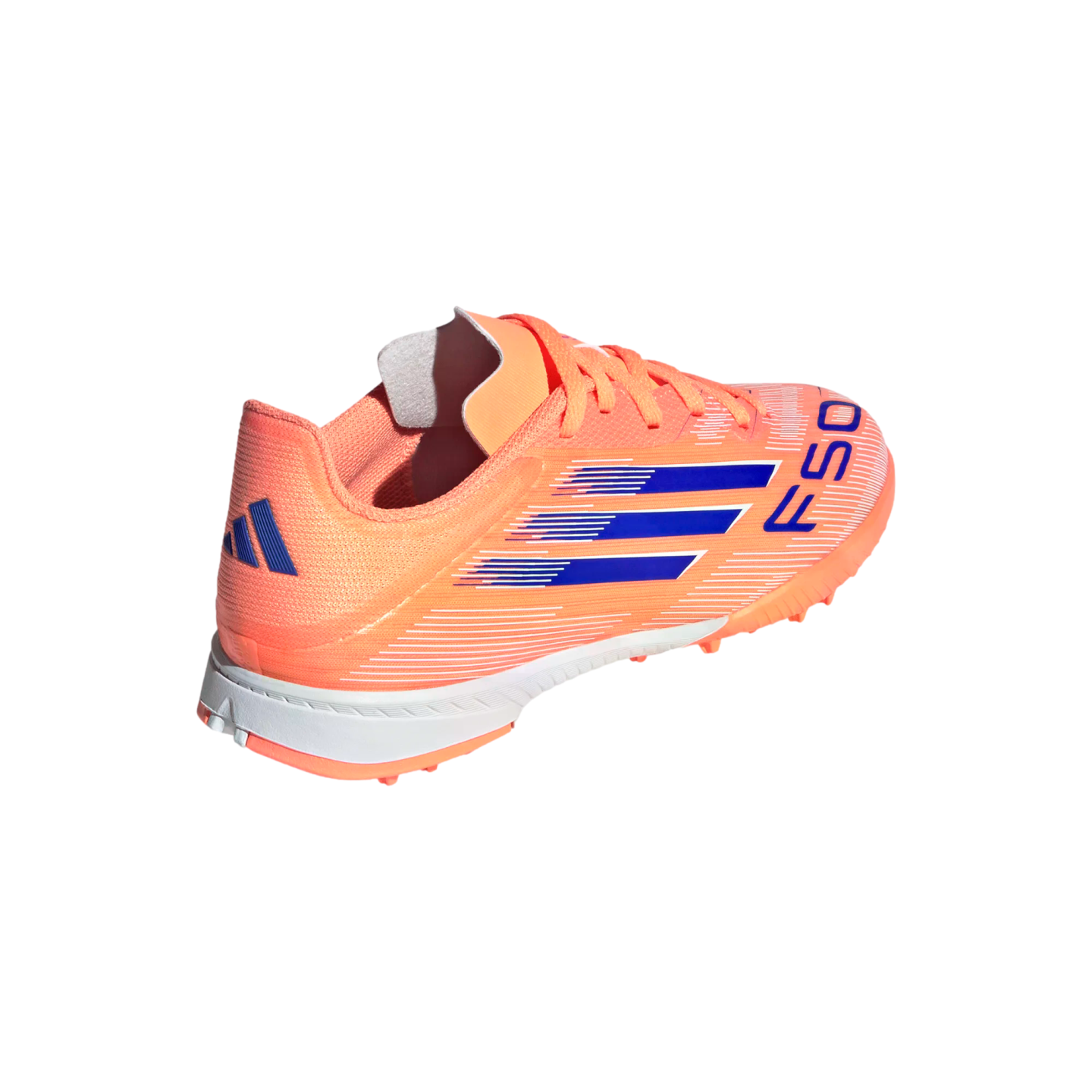 A bright orange Adidas F50 turf soccer shoe with blue stripes and a white midsole, shown from a rear three-quarter view against a black background.