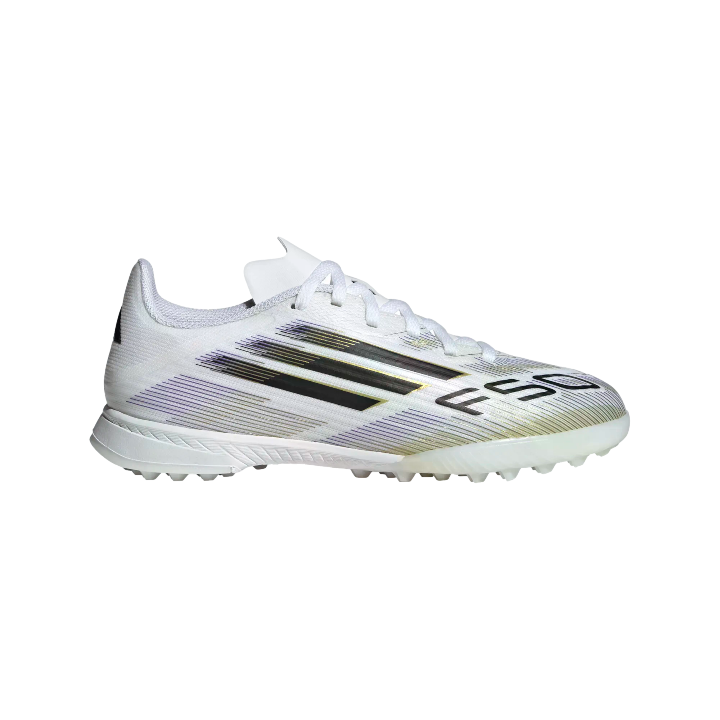 Side view of a white Adidas F50 soccer turf shoe featuring black and gold speed stripes, white laces, and a studded rubber outsole on a plain white background.