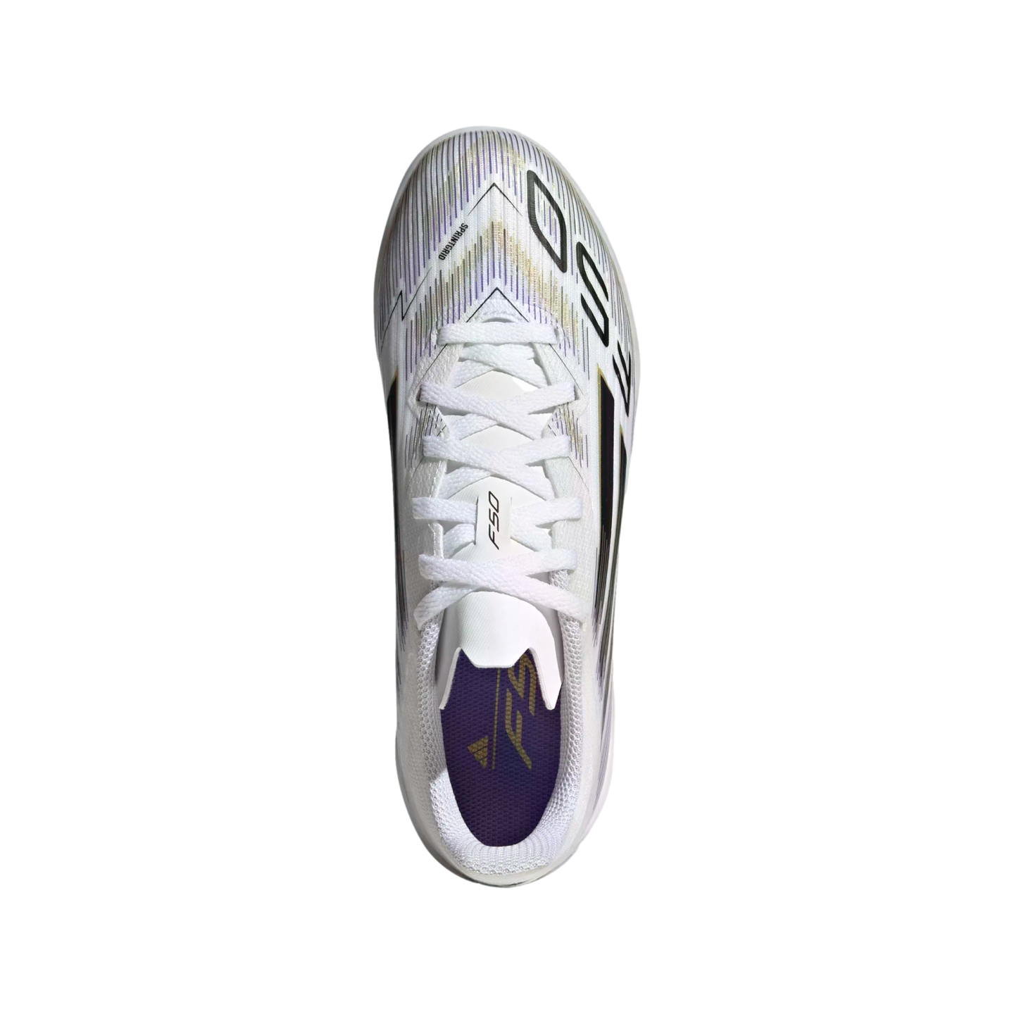 Top-down view of a white adidas soccer shoe with black, gold, and purple accents on a plain white background.