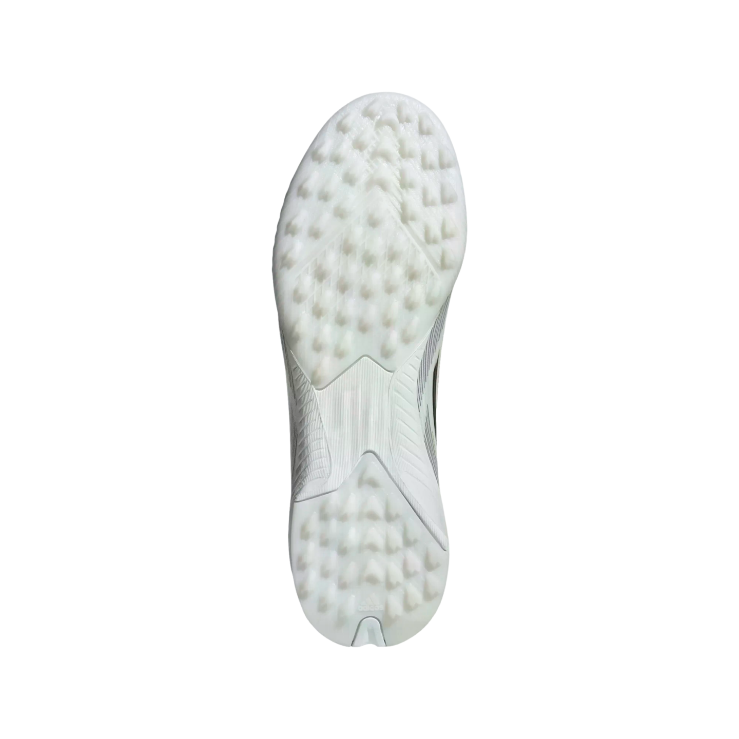 Bottom view of a white athletic shoe outsole featuring many small, rounded traction studs and a sleek, supportive central bridge.