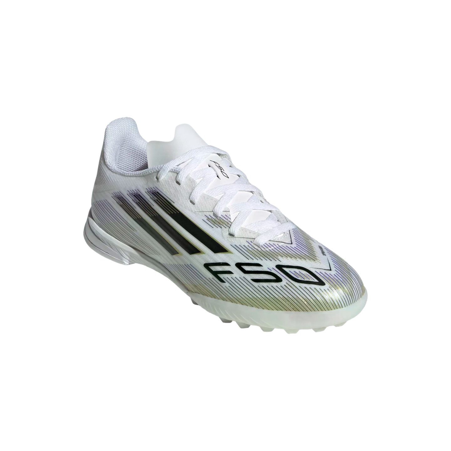 A white Adidas F50 soccer boot with three black diagonal stripes and prominent "F50" branding on the toe, featuring iridescent accents.