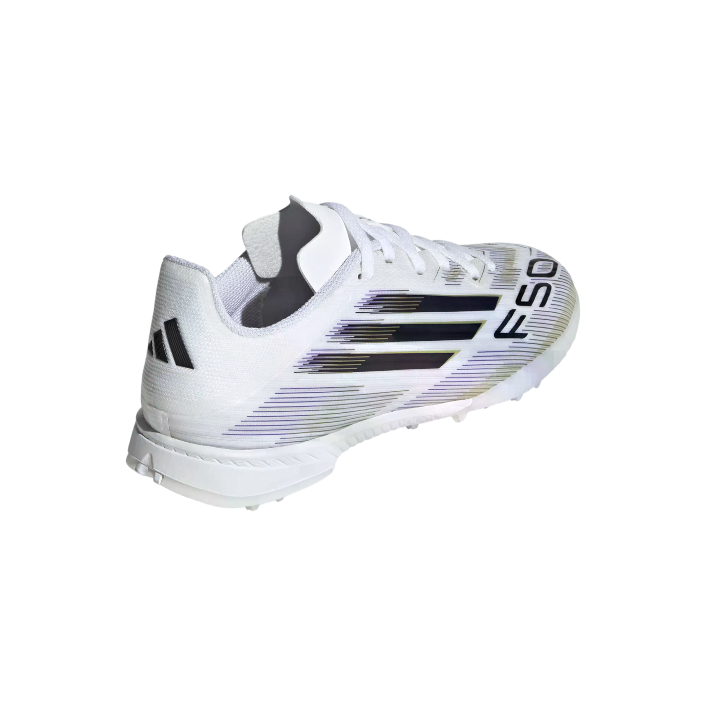 White Adidas F50 turf soccer shoe with black and purple graphic accents, viewed from a rear three-quarter angle.