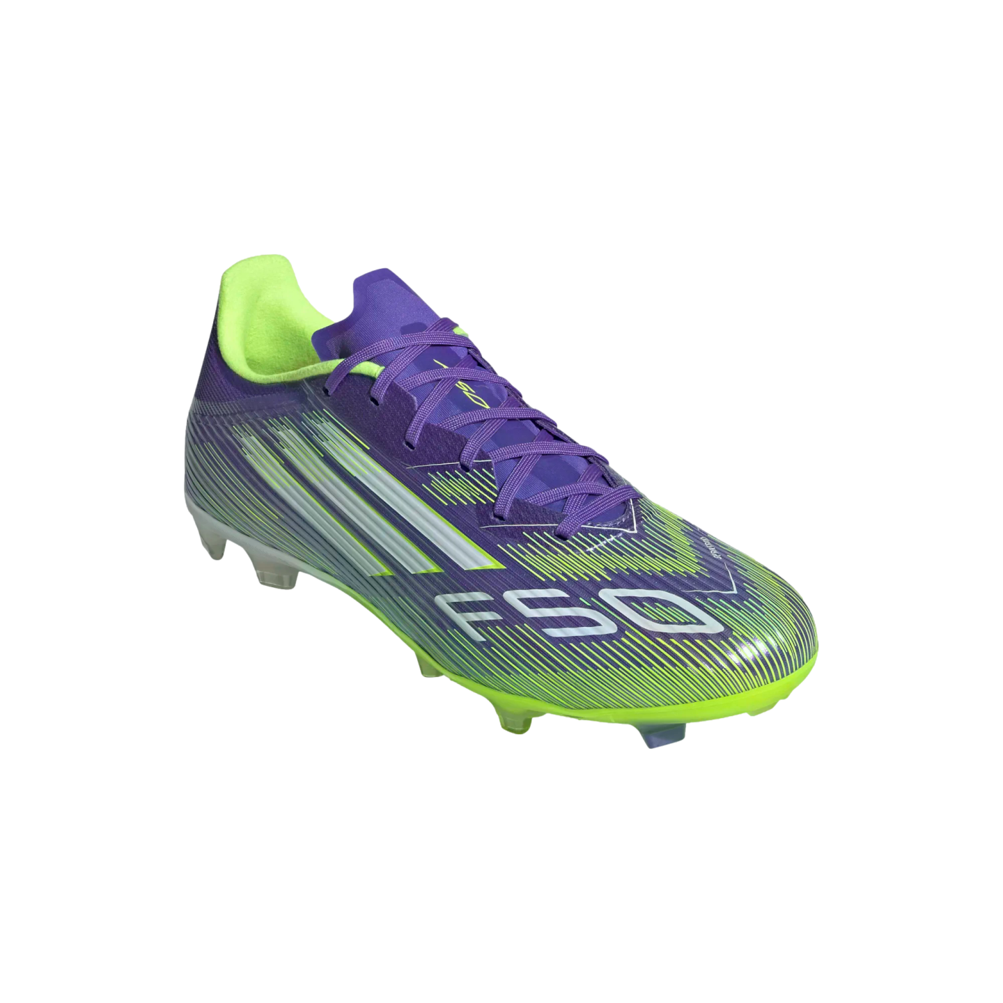 Adidas F50 soccer cleat in purple and lime green with silver stripes and branding, set against a solid black background.