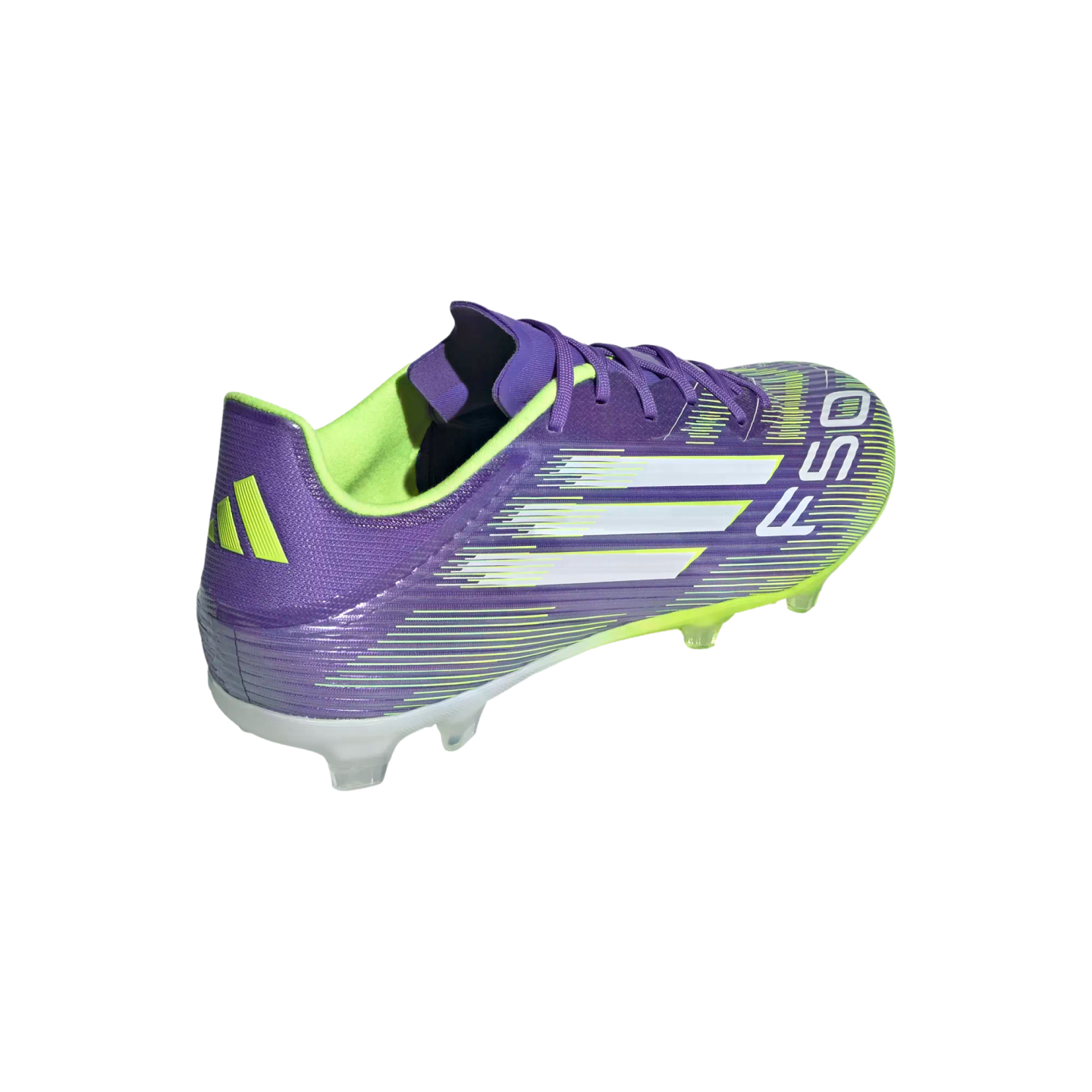 A purple and neon yellow Adidas F50 soccer cleat seen from a rear three-quarter view against a black background. It features white side stripes and a textured upper.