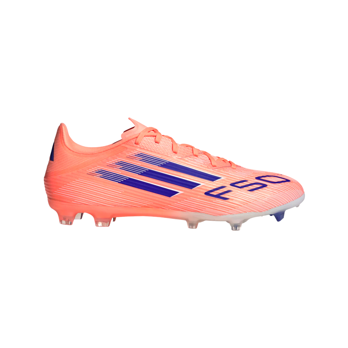 Profile view of a coral Adidas F50 soccer cleat with dark blue speed stripes and branding on a black background.