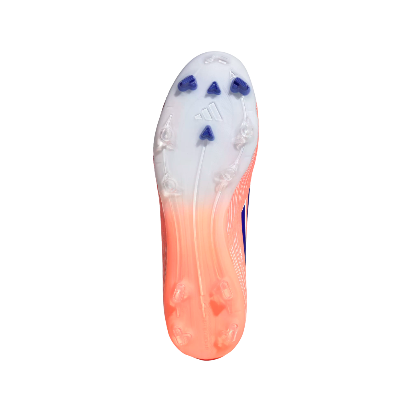 Soleplate of an Adidas soccer cleat featuring a white-to-orange gradient and blue and translucent triangular studs on a black background.