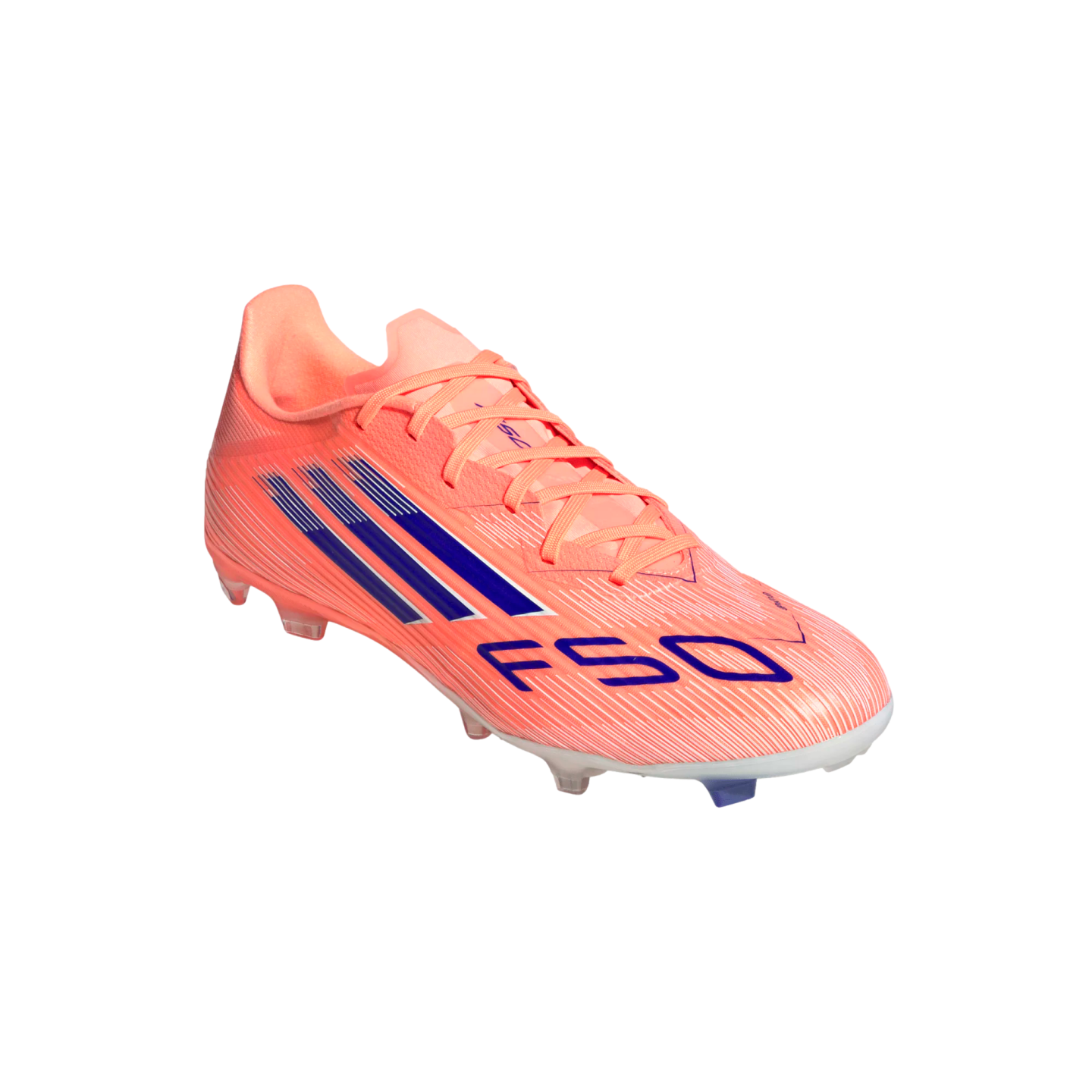 An orange Adidas F50 soccer cleat with blue stripes and branding against a black background.