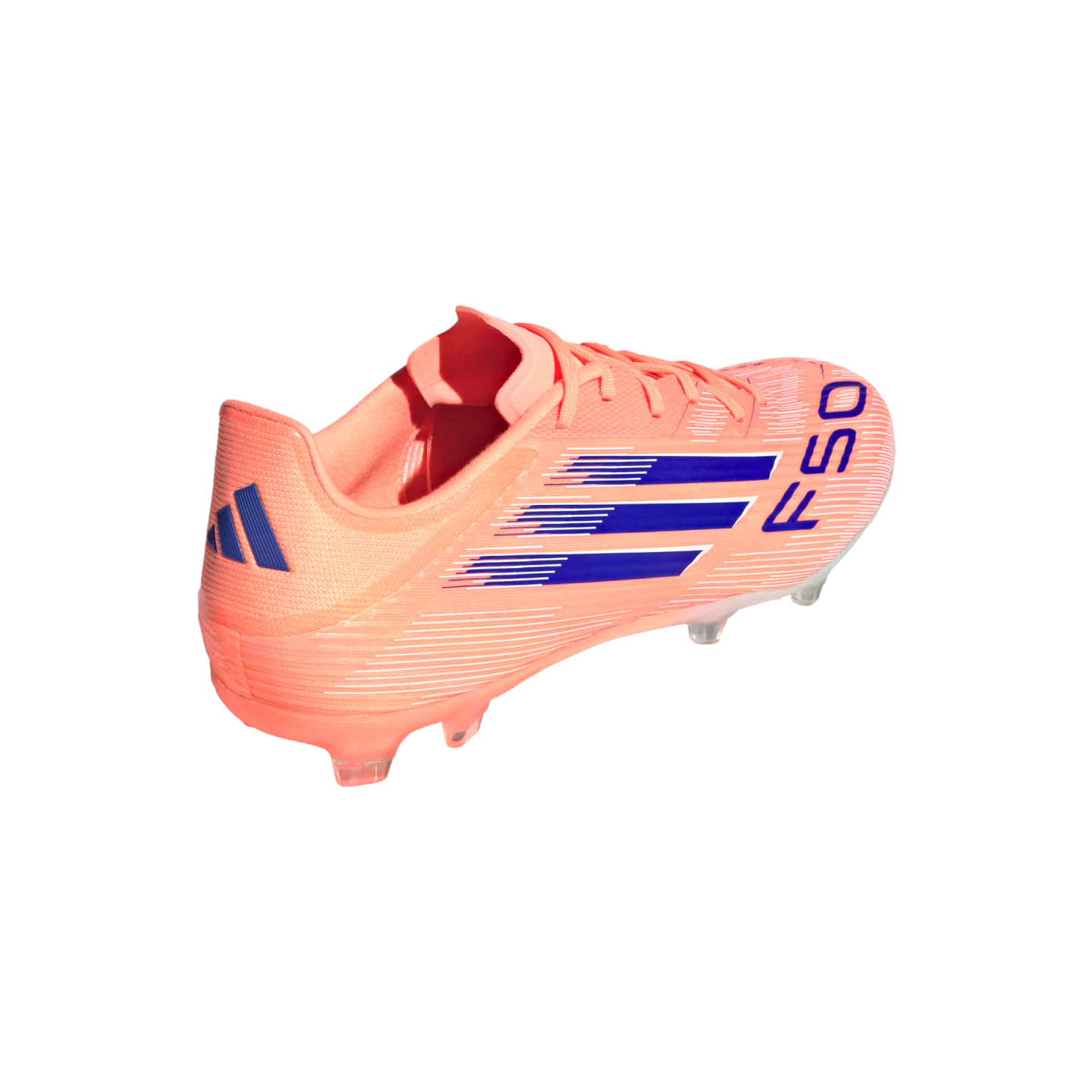 A side-rear view of a bright peach-colored Adidas F50 soccer cleat with blue stripes and logo on a black background.