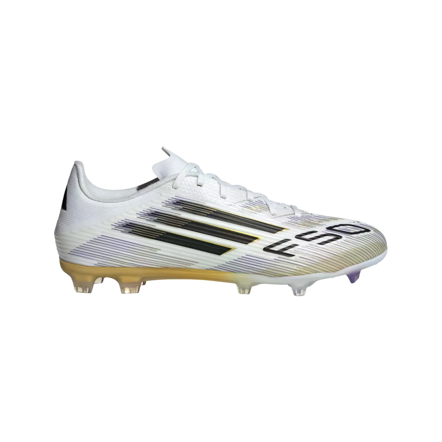 Side view of a white Adidas F50 soccer cleat with black motion-blurred stripes and a translucent gold-to-purple sole against a white background.