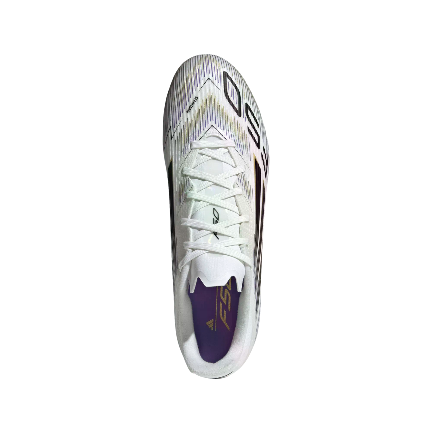 Top-down view of a white Adidas F50 soccer cleat with purple and gold accents and white laces.