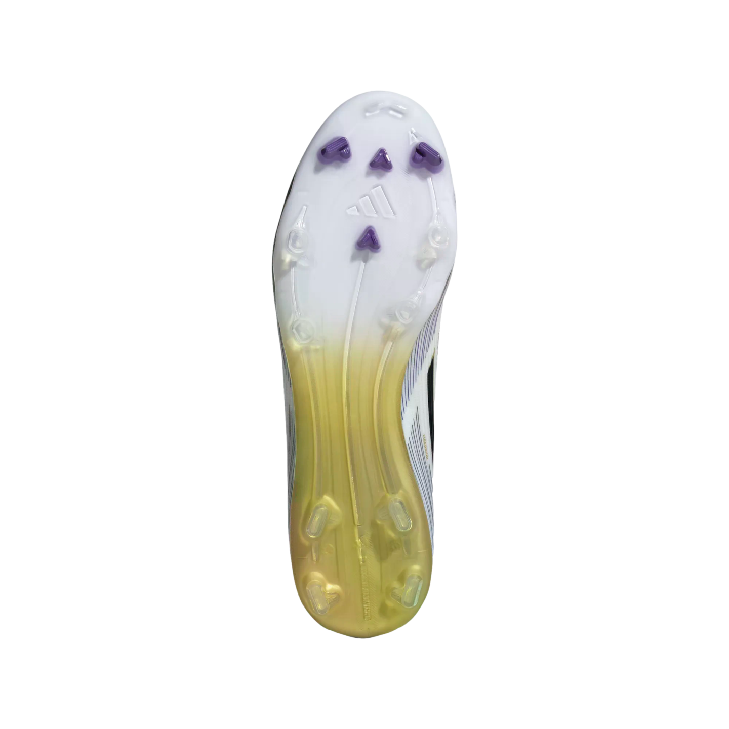 Bottom view of an Adidas soccer cleat featuring a white to translucent gold gradient soleplate with purple and clear studs.