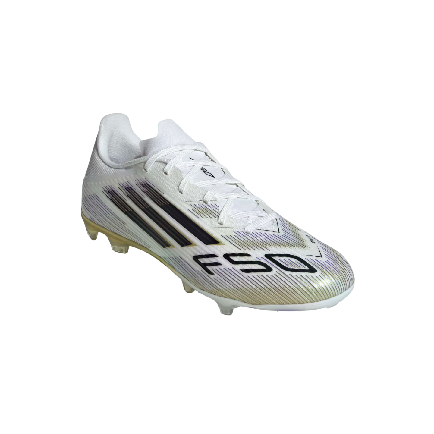 White Adidas F50 soccer boot with black stripes and iridescent gold and purple accents.