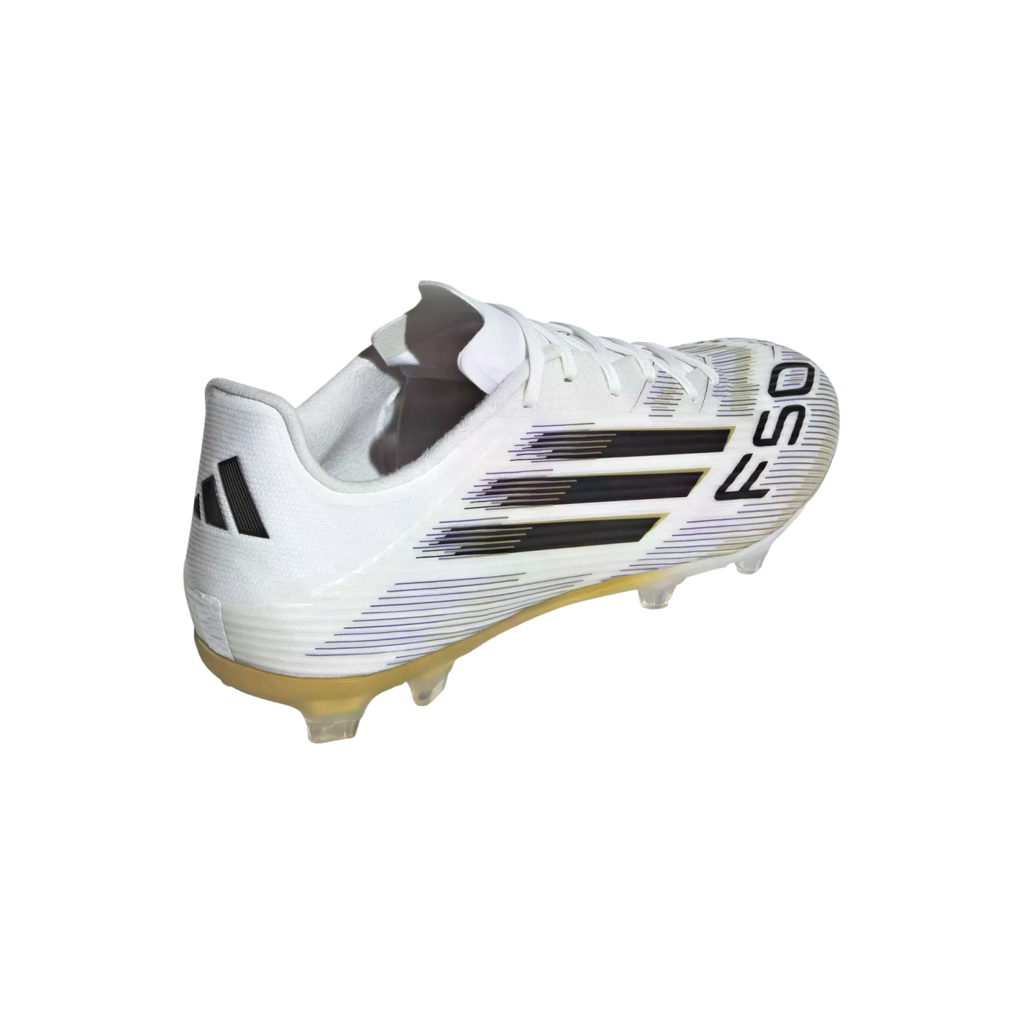 White Adidas F50 soccer cleat with black and purple accents and a gold sole, viewed from a rear three-quarter angle against a plain white background.