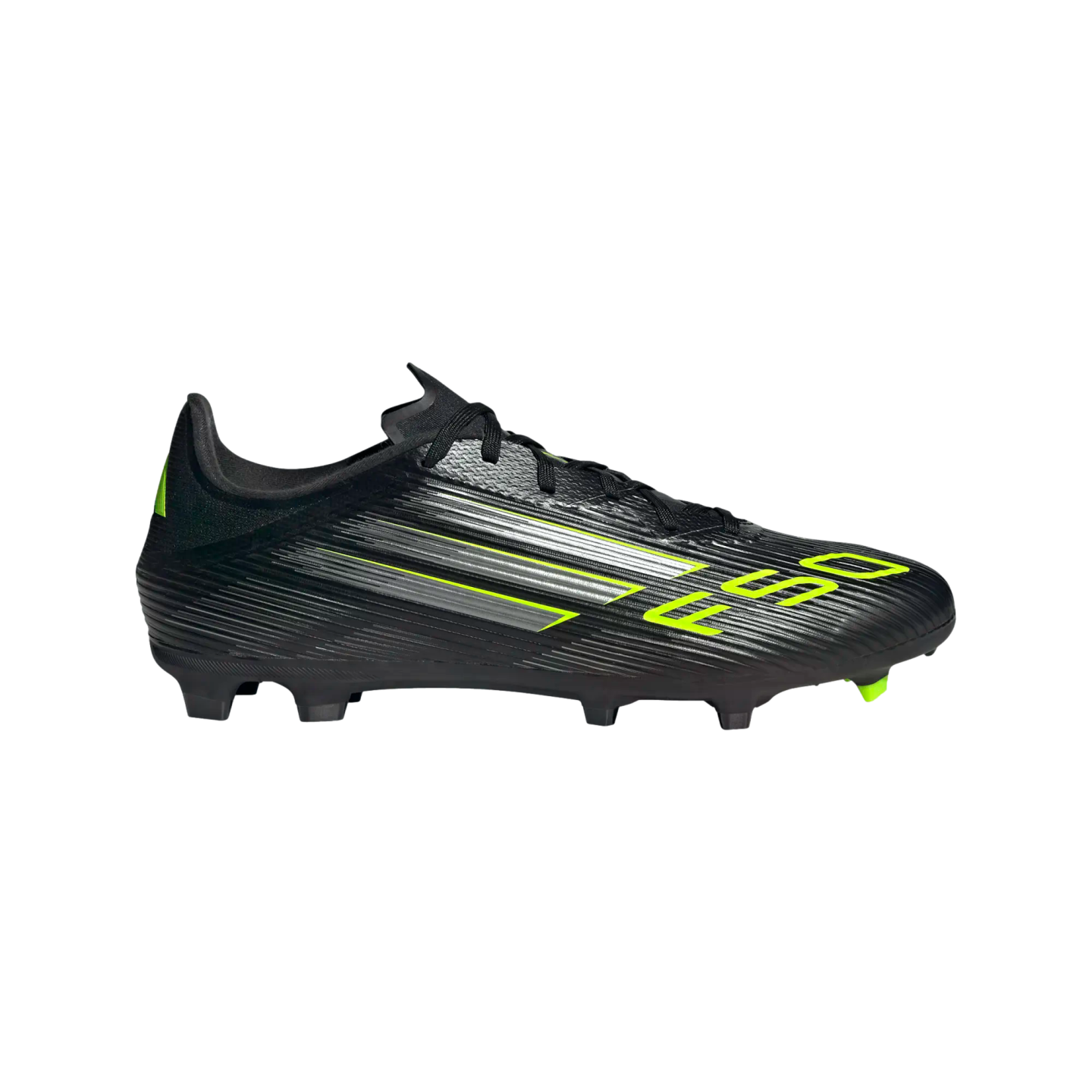 A profile view of a black soccer cleat featuring silver and neon yellow diagonal stripes and "F50" branding on the toe.