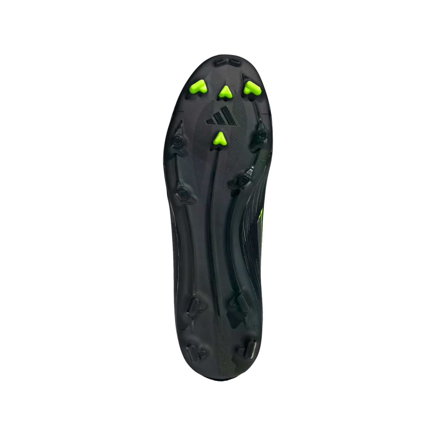 Bottom view of a black Adidas soccer cleat soleplate featuring neon green and black studs and an embossed logo.