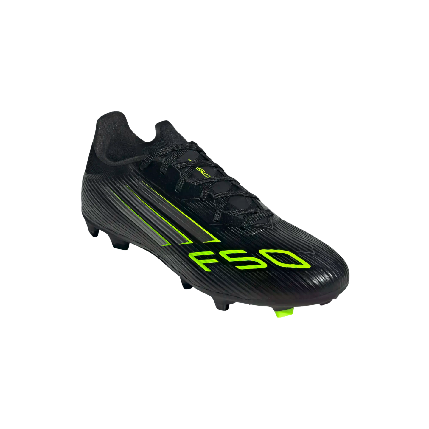 Black Adidas F50 soccer cleat with neon green stripes and 'F50' logo on a black background.