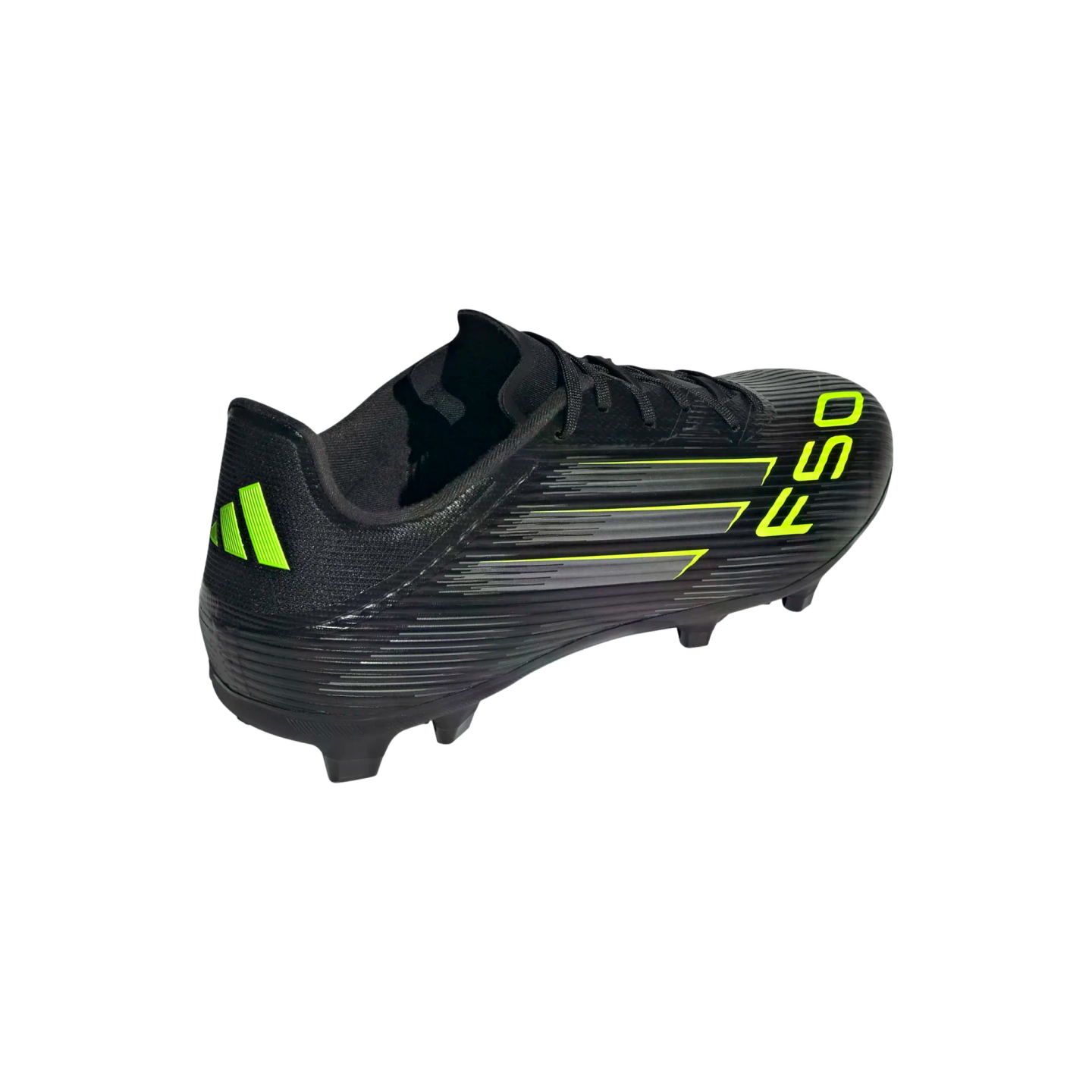 A black Adidas F50 soccer cleat featuring lime green accents and speed line graphics, shown from a rear side angle on a solid black background.