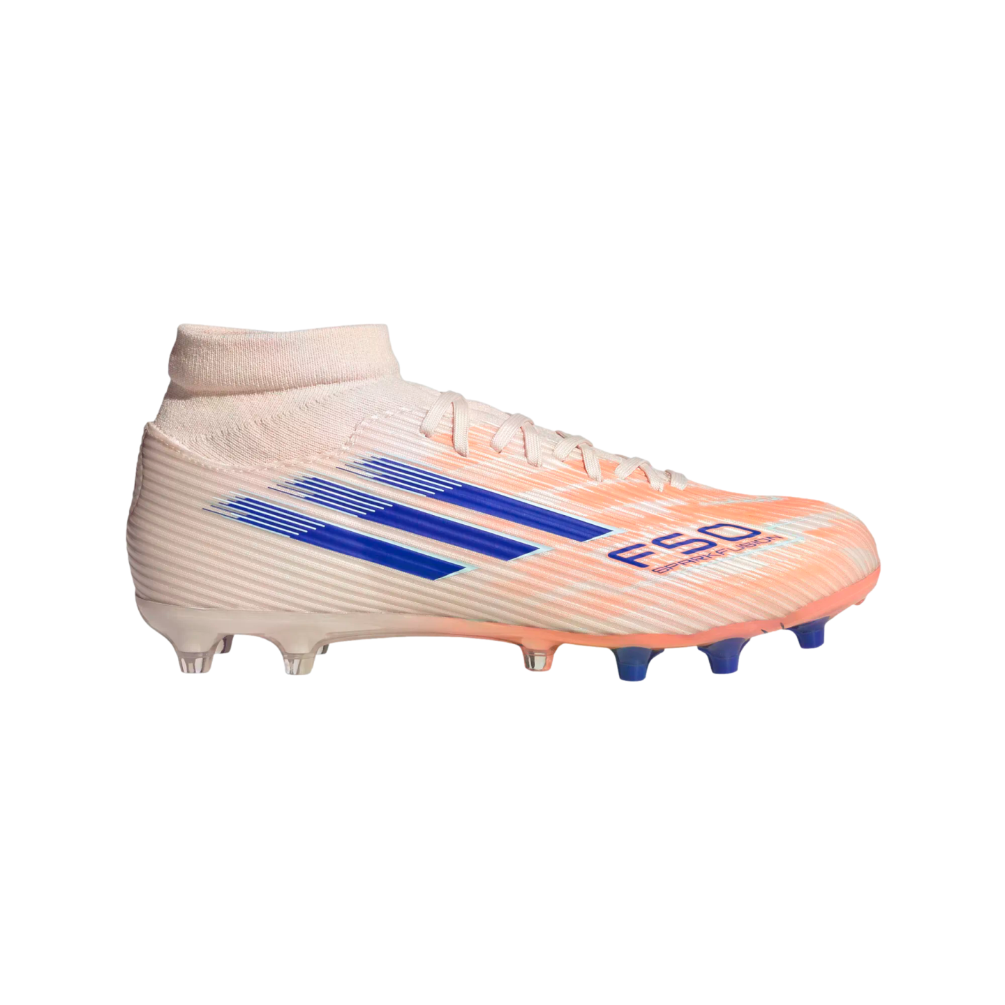 Adidas F50 Sparkfusion soccer cleat in peach and orange with blue stripes and a mid-cut collar, shown from the side against a black background.