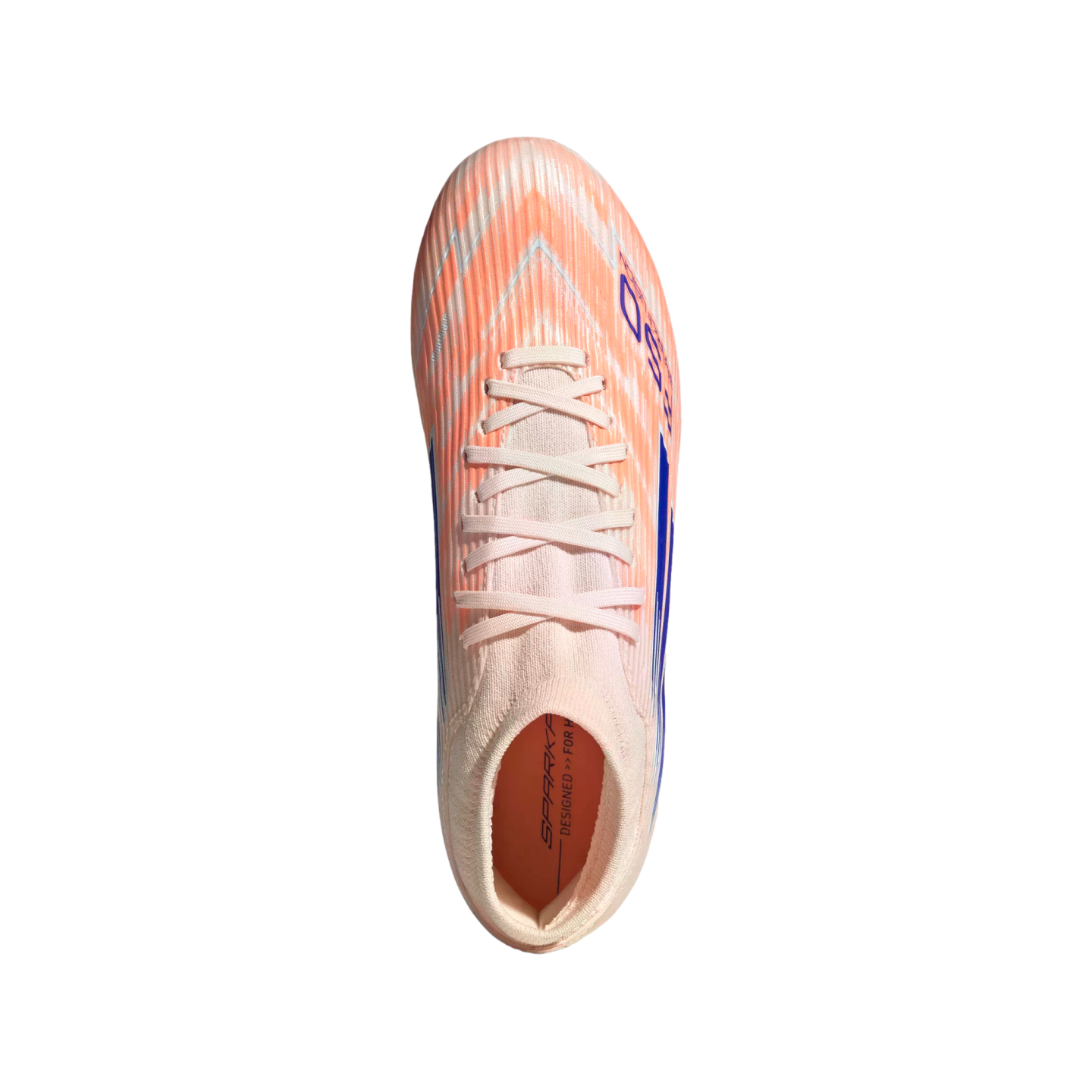 Top-down view of a light peach soccer cleat with blue accents and white laces, featuring a sock-like collar, against a solid black background.