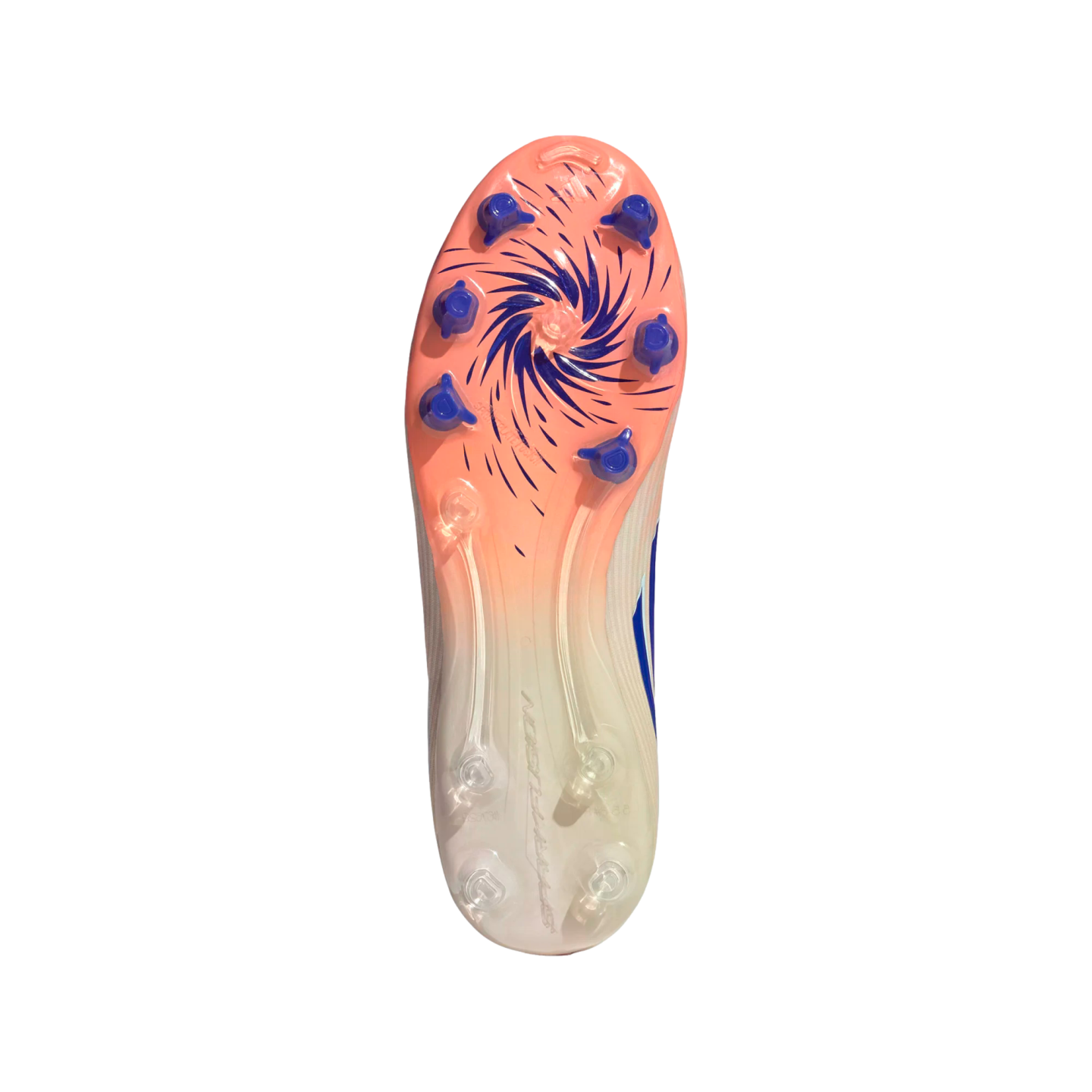 Bottom view of a soccer cleat with a salmon-to-white gradient sole. Features a blue swirl pattern on the forefoot and blue and clear studs.
