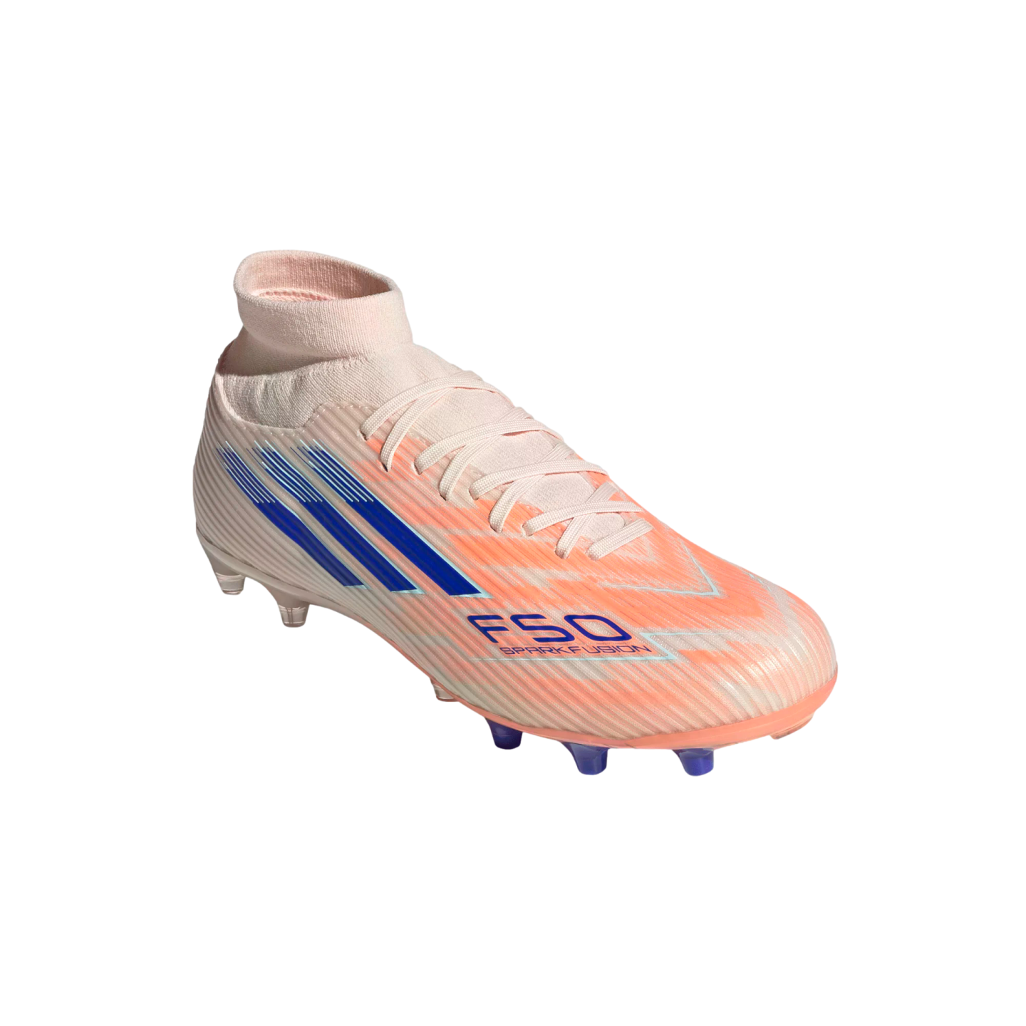 Light pink and orange Adidas F50 Sparkfusion soccer cleat with blue stripes and a sock-like collar, isolated on a black background.