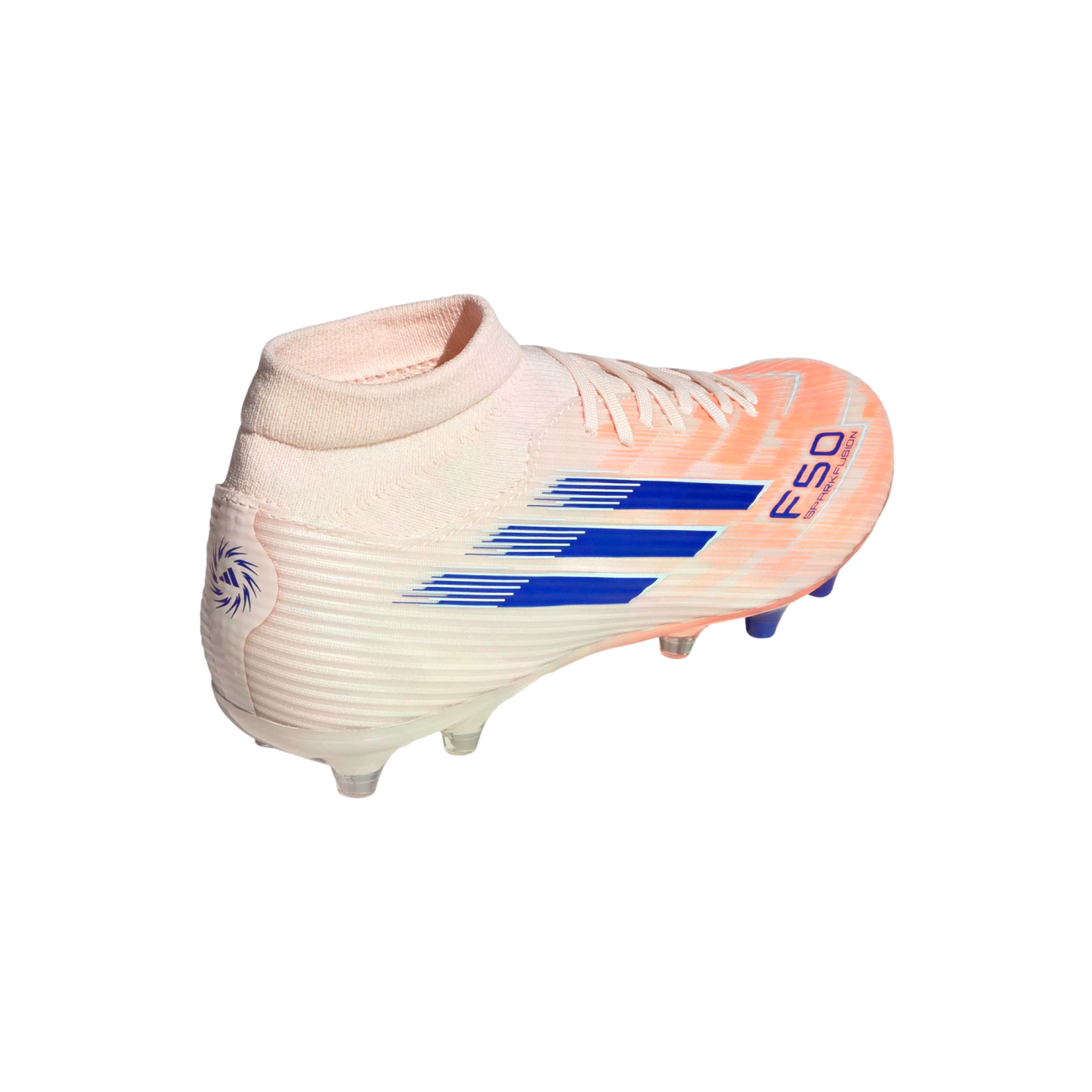 Light pink and orange Adidas F50 soccer cleat with blue stripes and a sock-like collar, shown against a black background.