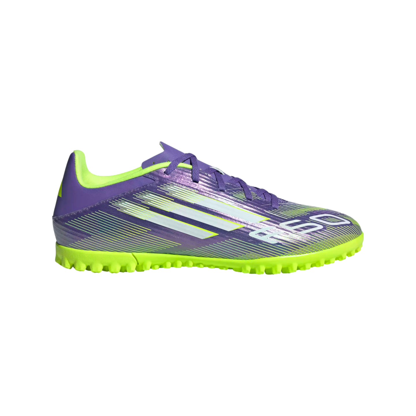 An Adidas F50 turf soccer shoe featuring a purple and lime green upper with white side stripes and a studded lime green sole.