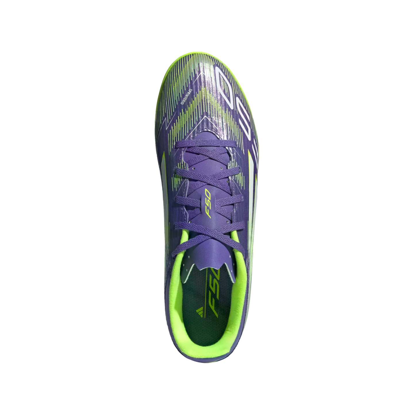 Top-down view of a purple and neon green Adidas F50 soccer cleat featuring a striped pattern on the upper and vibrant green interior lining.