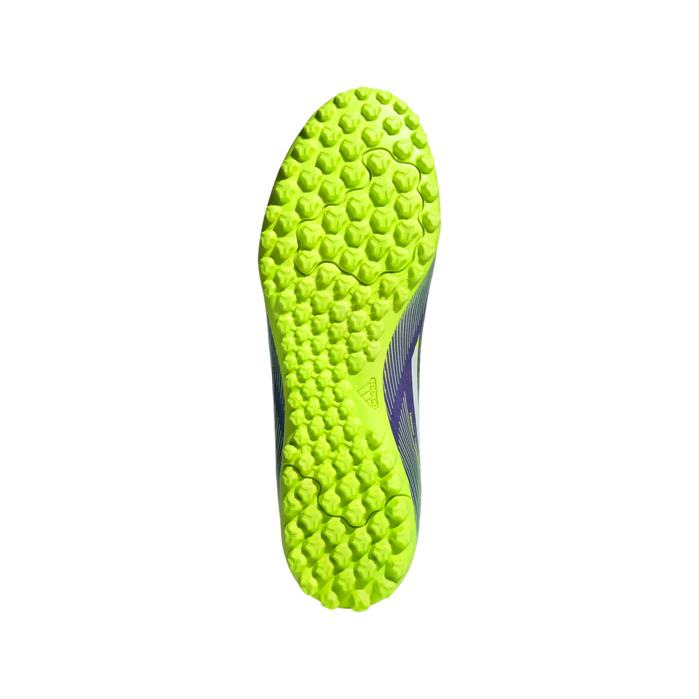 A bright neon green Adidas soccer turf shoe sole with numerous small studs and a purple side profile.