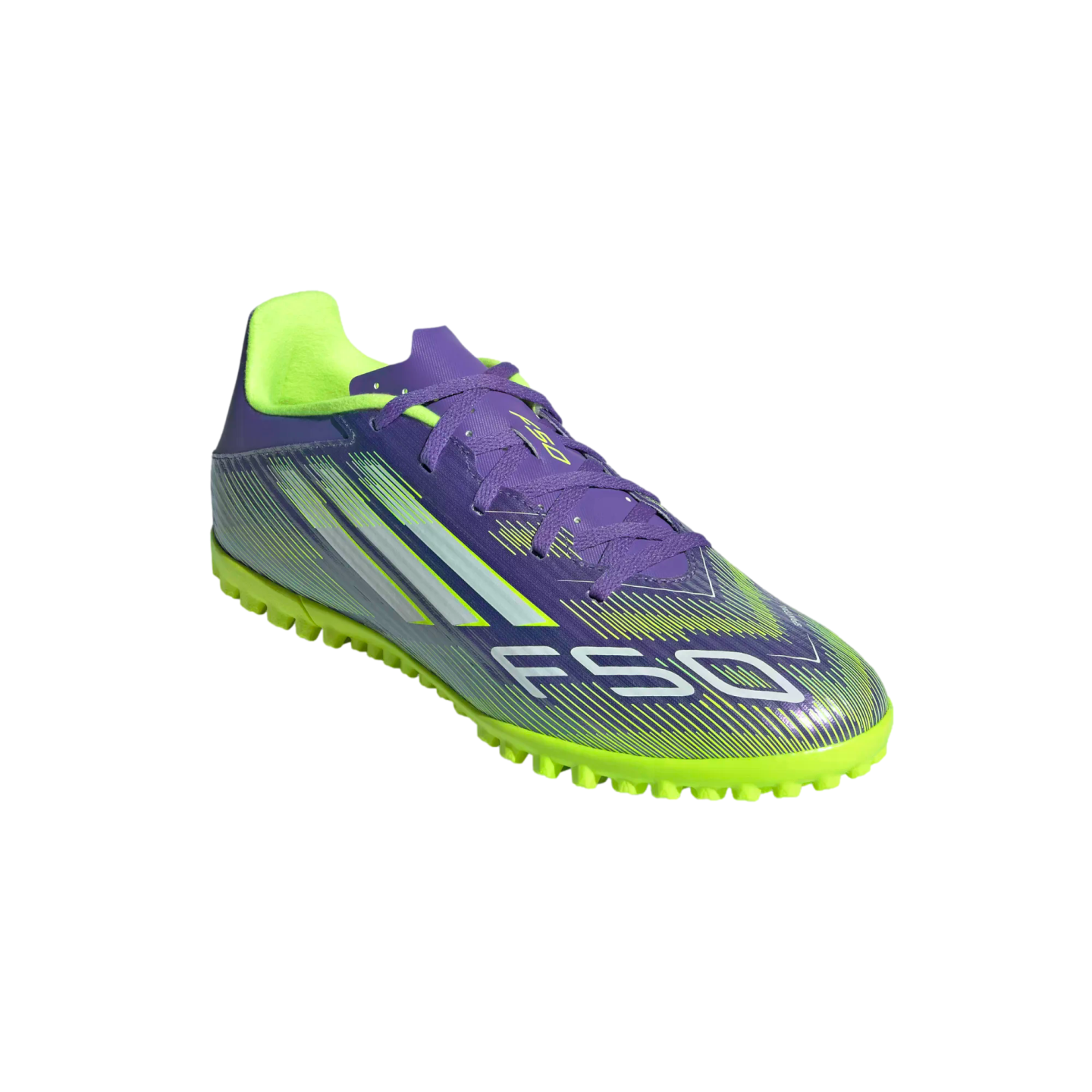 A purple and lime green Adidas F50 turf soccer shoe on a black background.