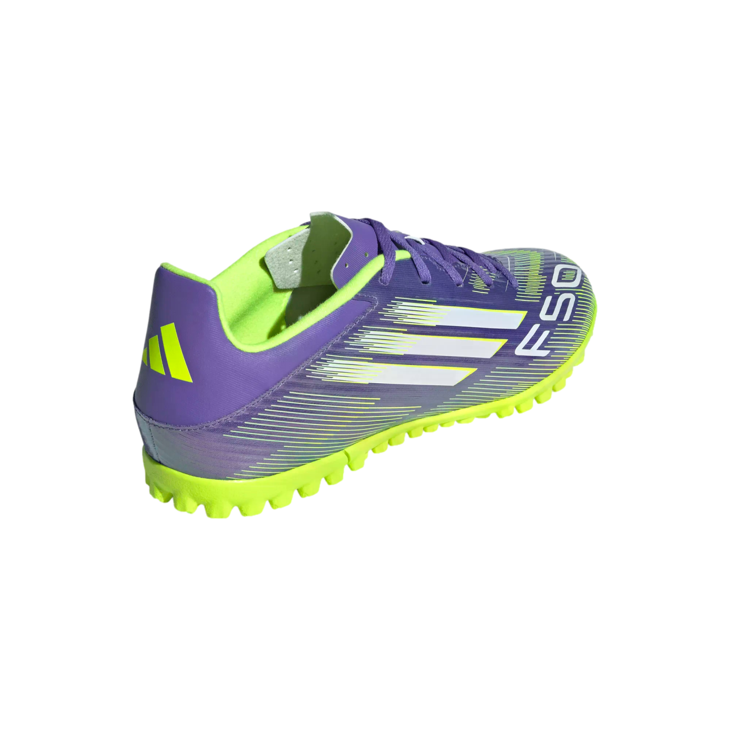 Rear view of a purple and lime green Adidas F50 turf soccer shoe against a solid black background.