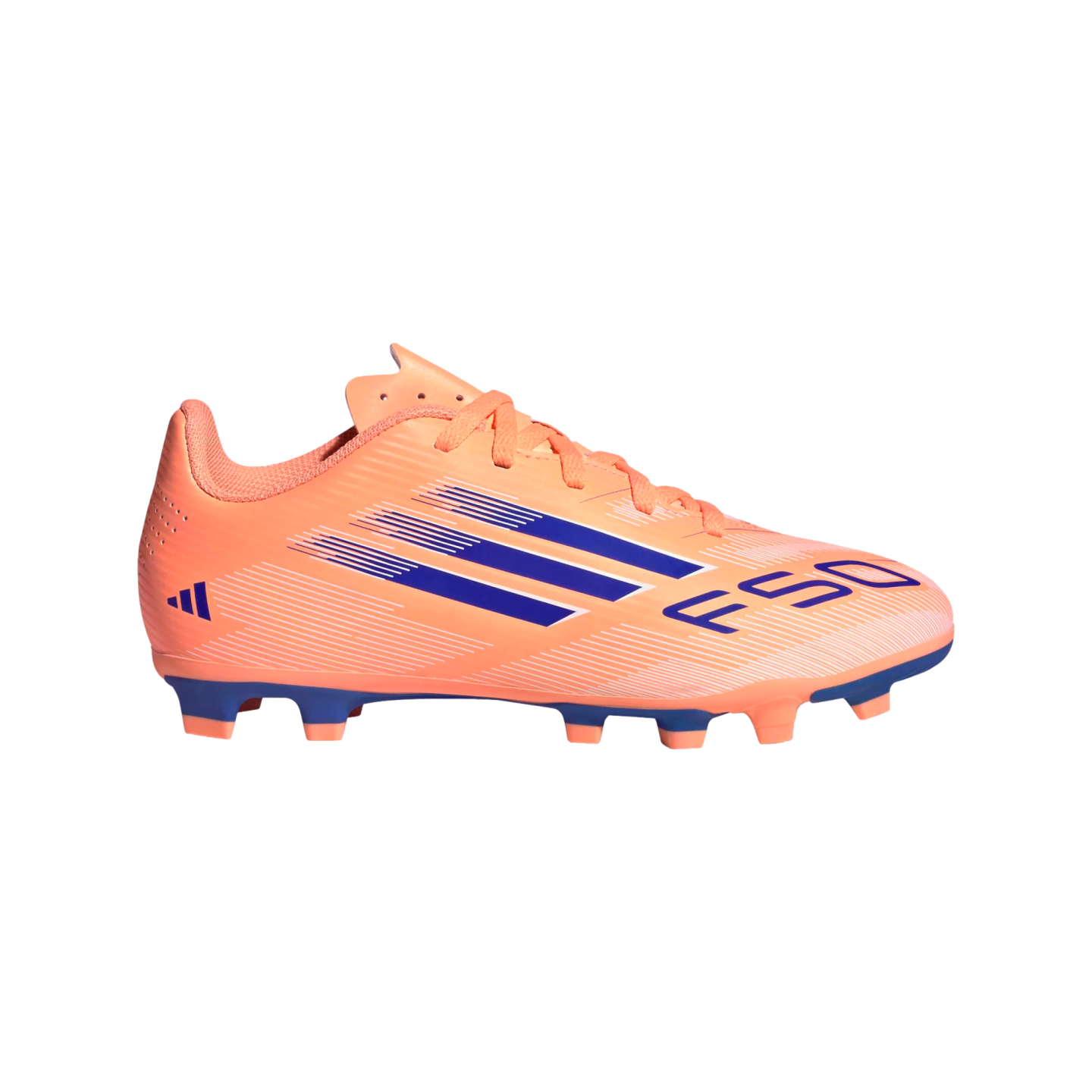 An orange Adidas F50 soccer cleat with three diagonal blue stripes and blue sole details, shown in profile against a solid black background.