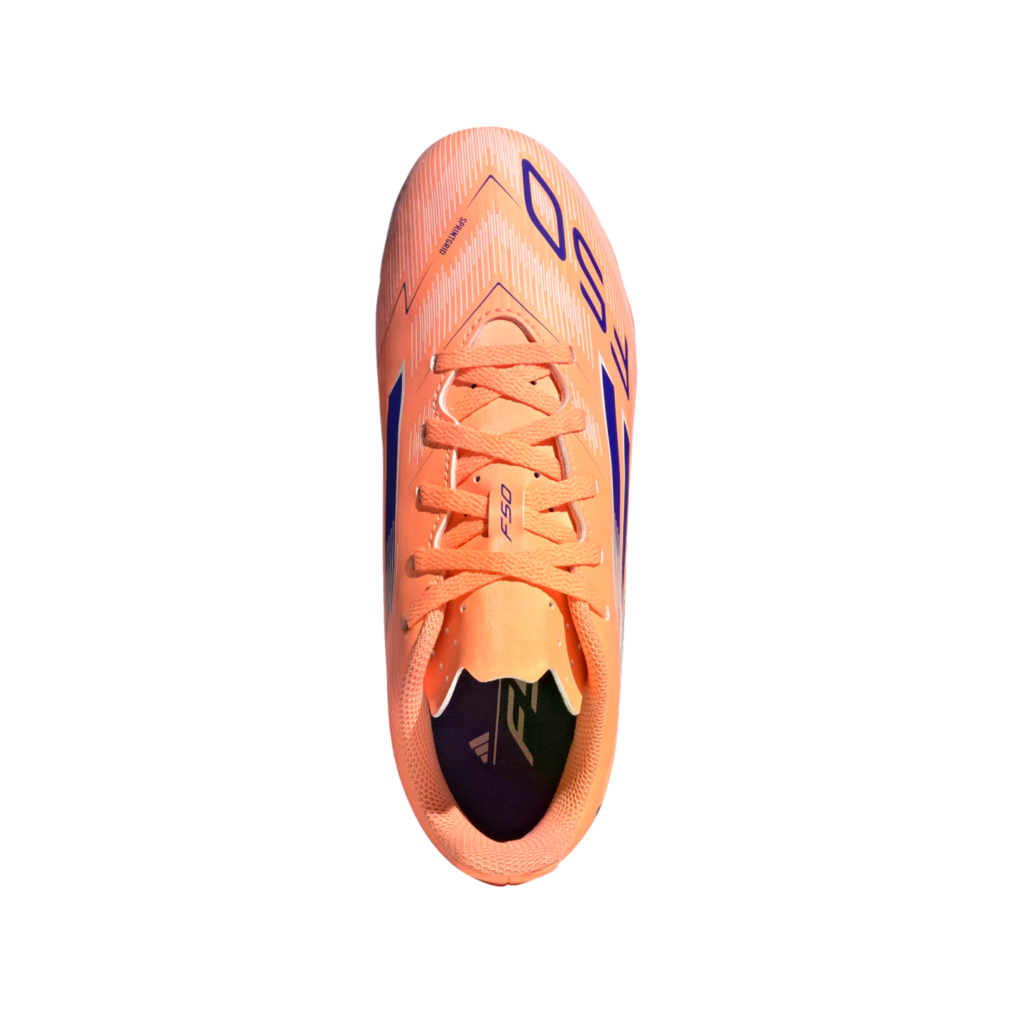 Top-down view of a bright orange Adidas F50 soccer cleat with blue accents and laces, shown against a solid black background.