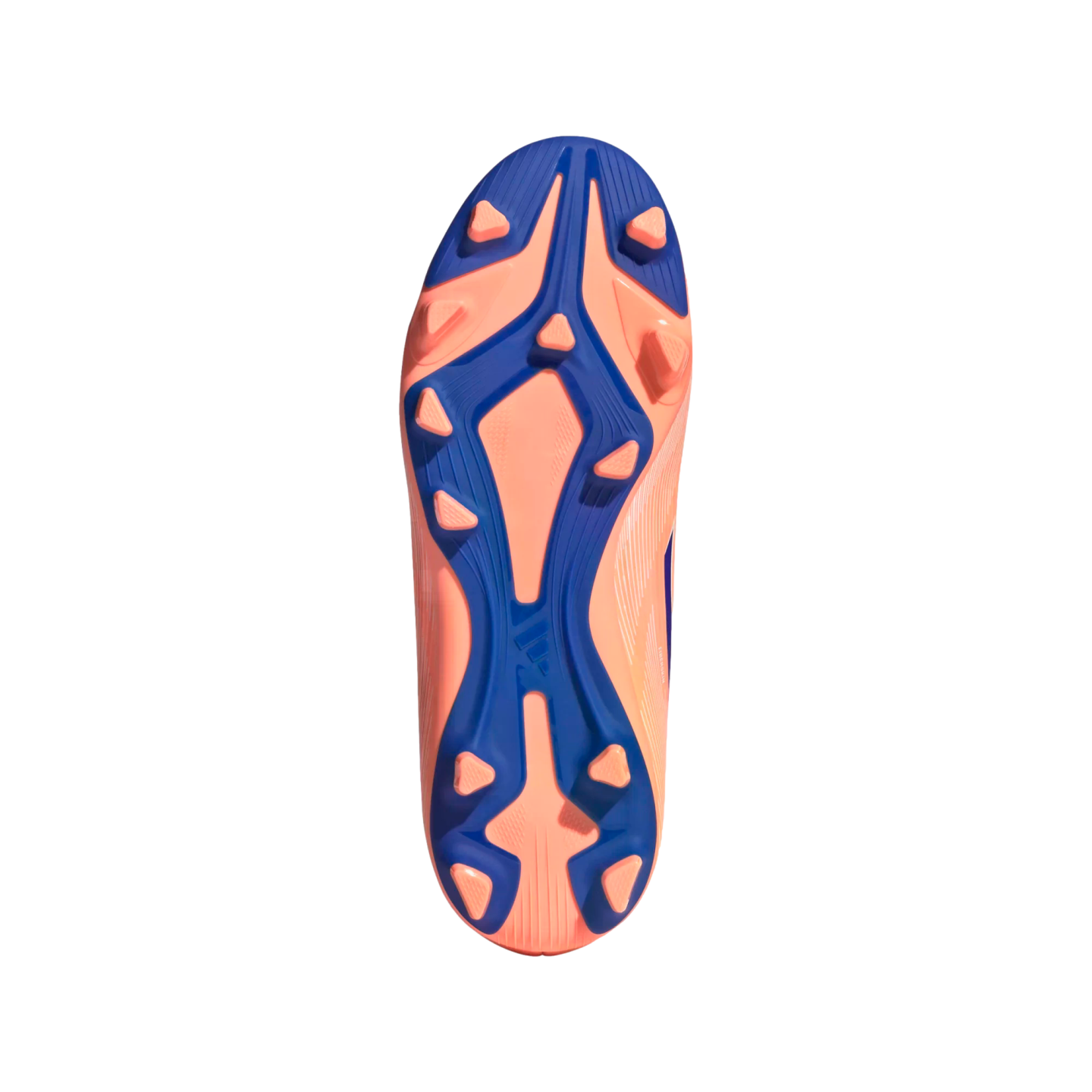 The vibrant orange and blue patterned outsole of an Adidas soccer cleat with triangular studs, set against a solid black background.